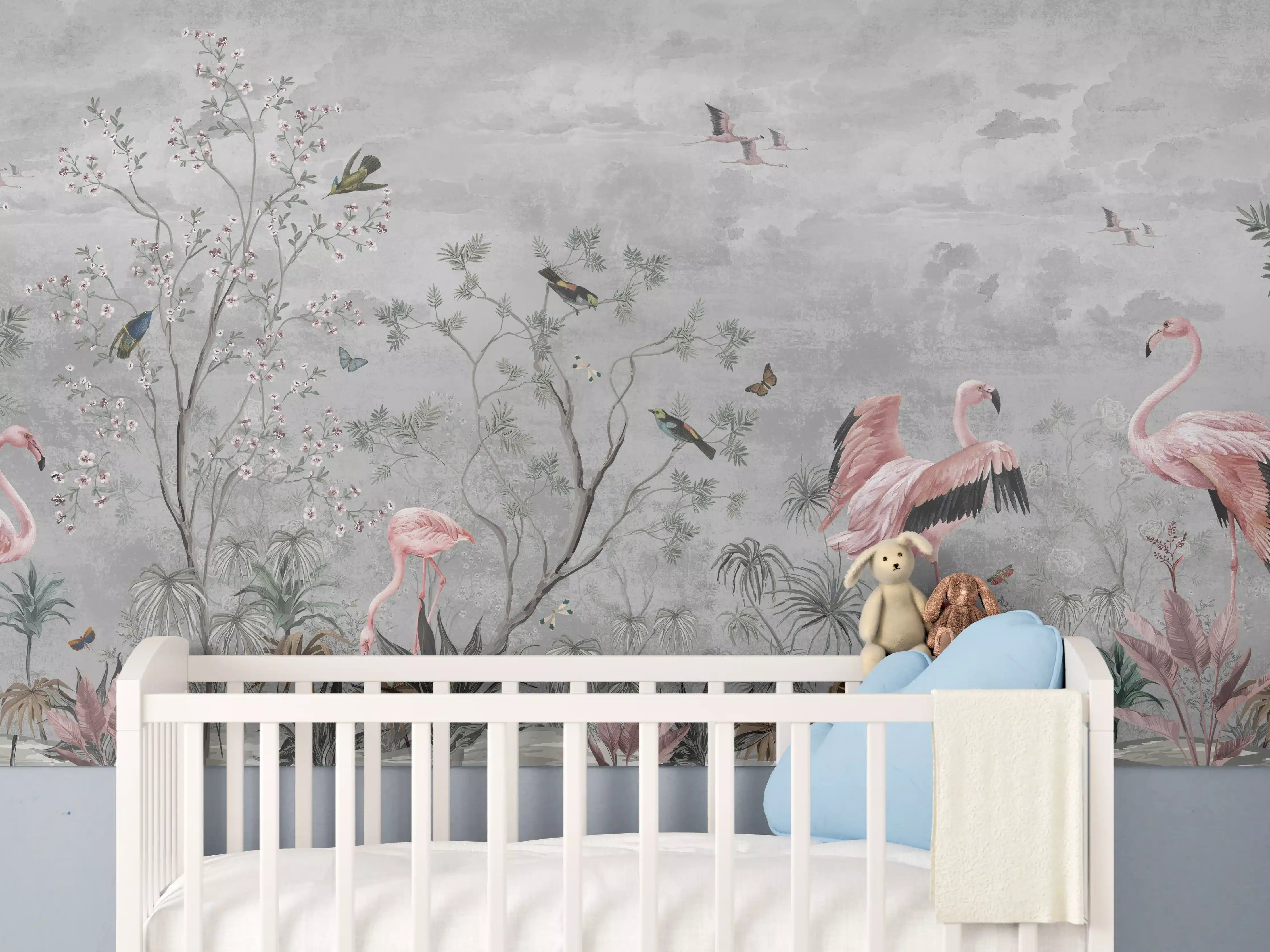 Babyzimmer Wandgestaltung - Vintage Dschungel Flamingo Tapete