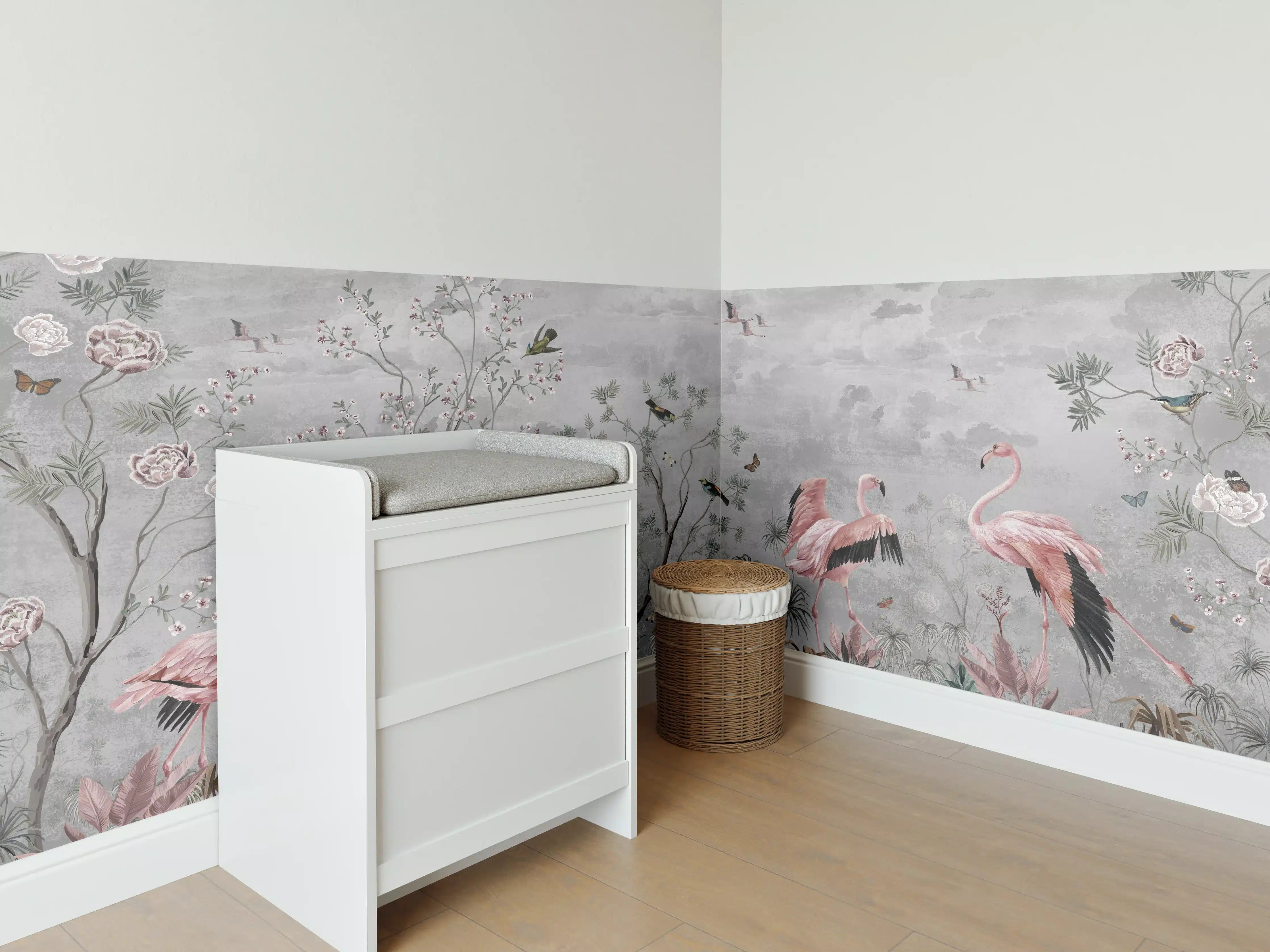 Babyzimmer Wandgestaltung - Vintage Dschungel Flamingo Tapete