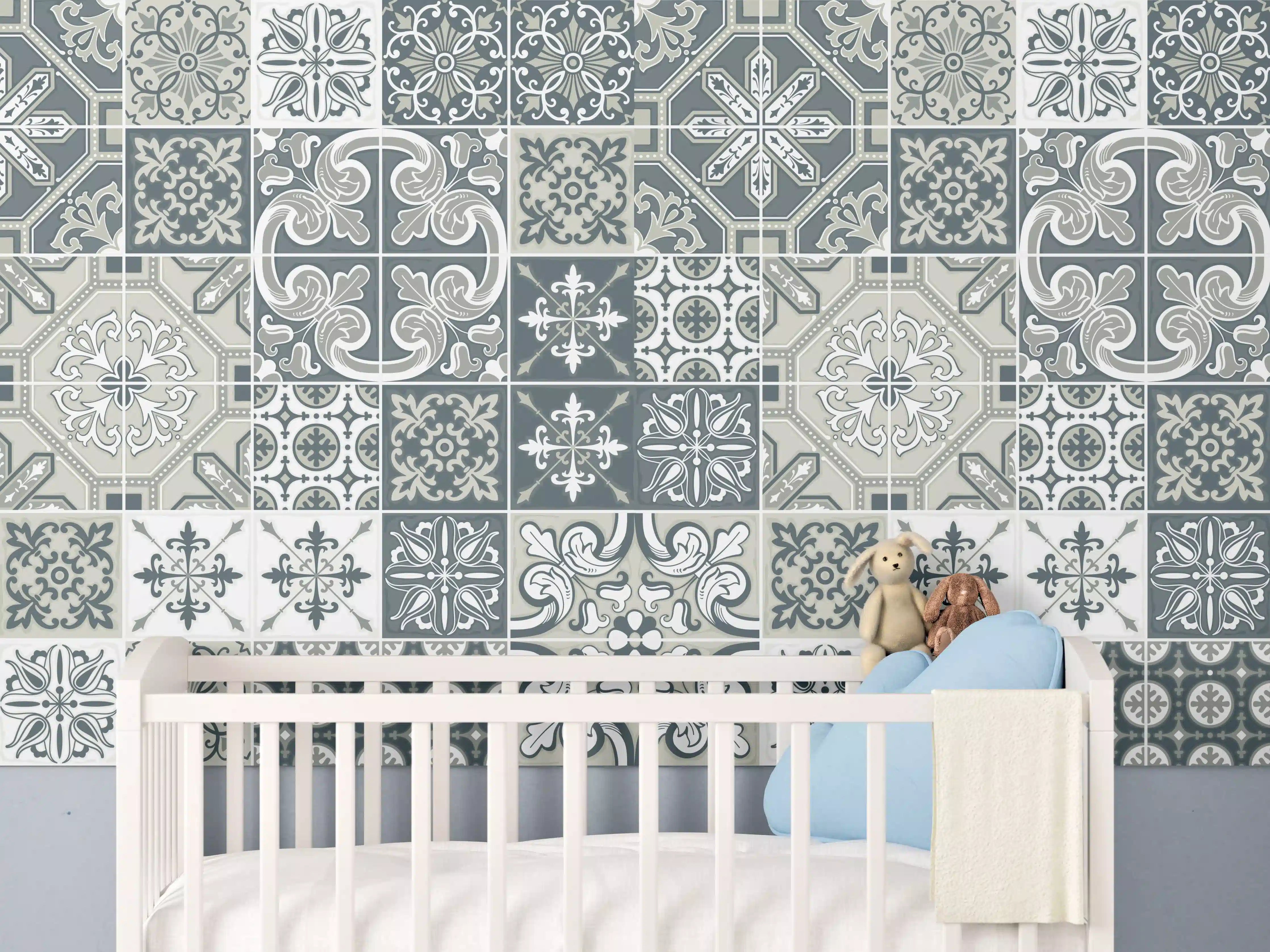 Babyzimmer Wandgestaltung - Vintage Fliesenmuster Blau-Weiß