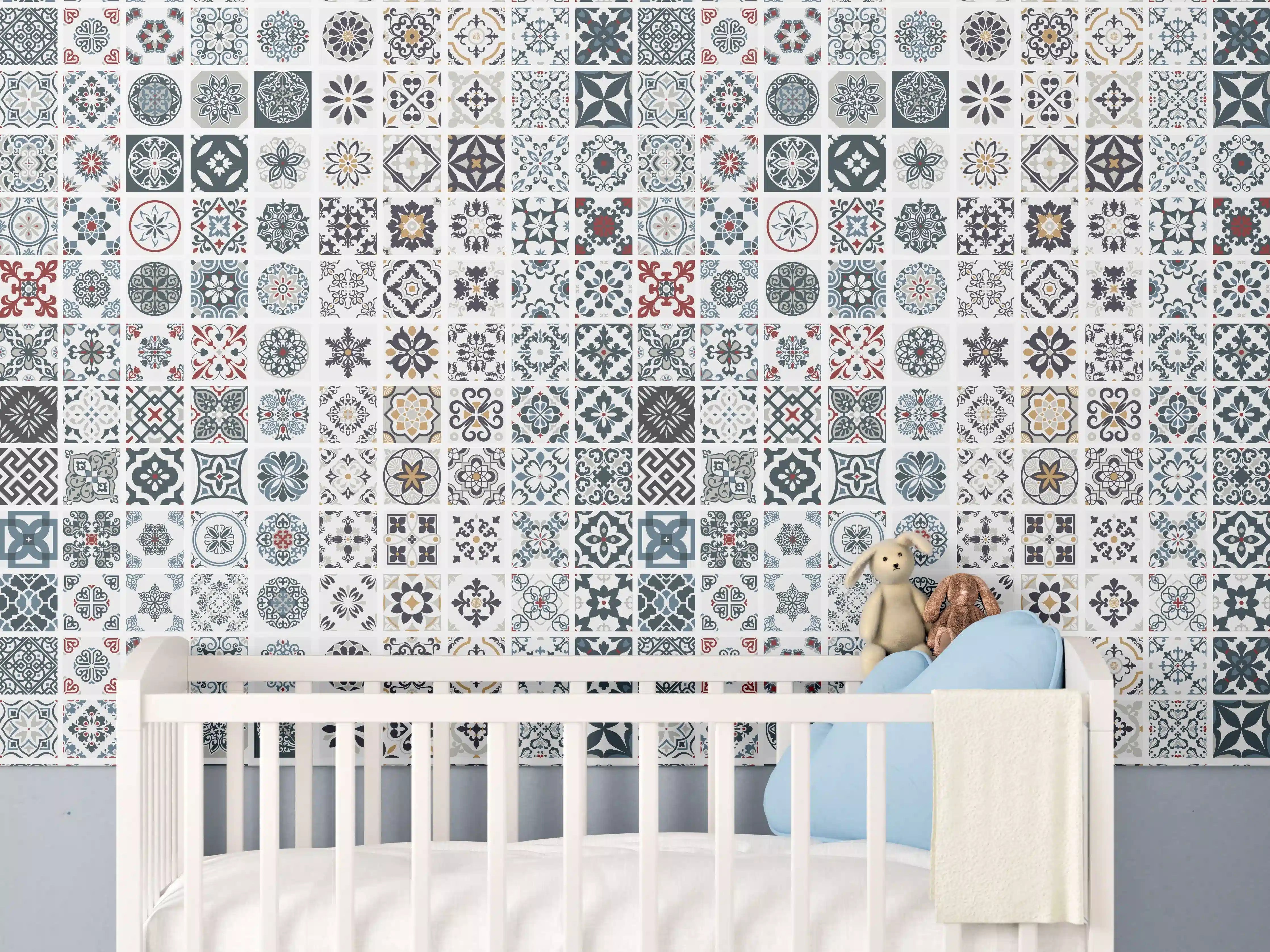 Babyzimmer Wandgestaltung - Vintage Fliesenmuster Grau-Weiß