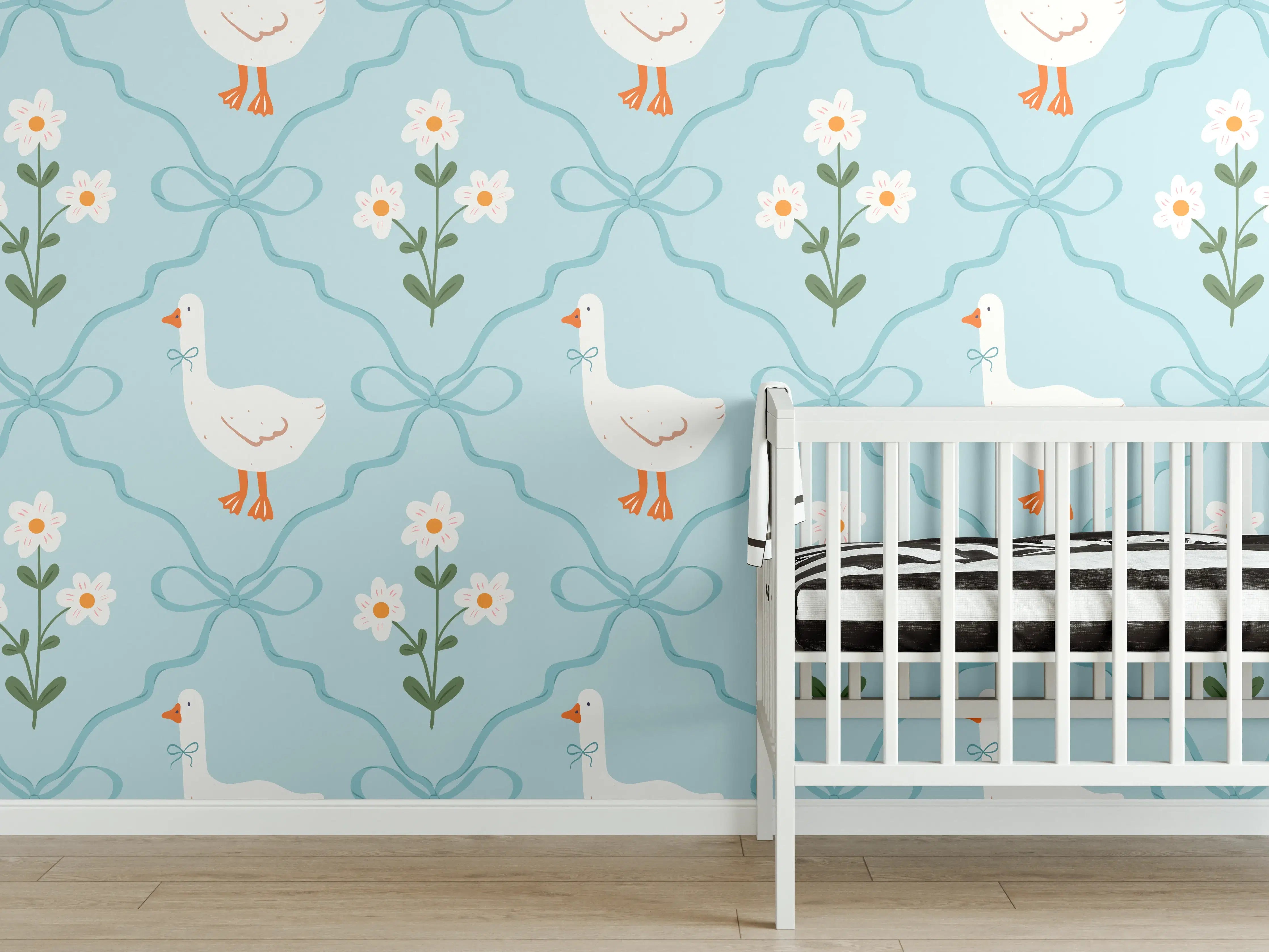 Babyzimmer Wandgestaltung - Vintage Gänse Tapete Türkis