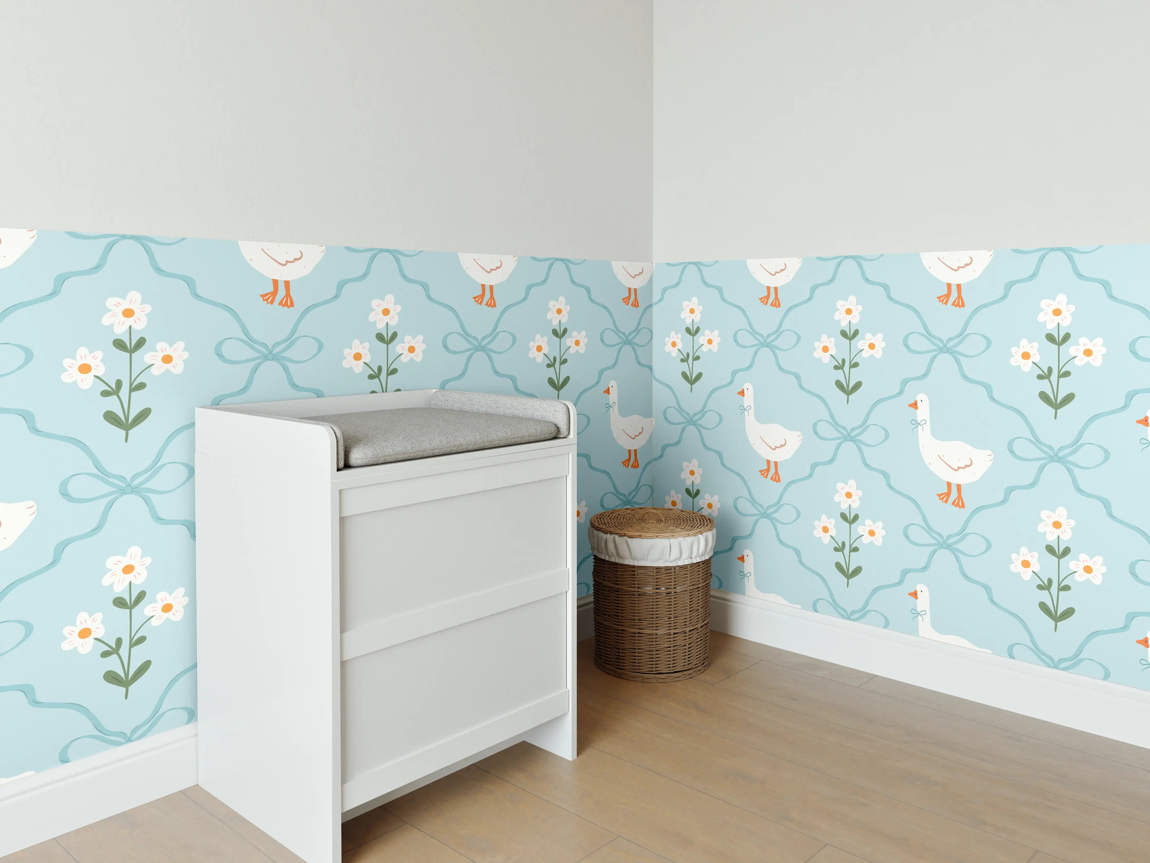 Babyzimmer Wandgestaltung - Vintage Gänse Tapete Türkis