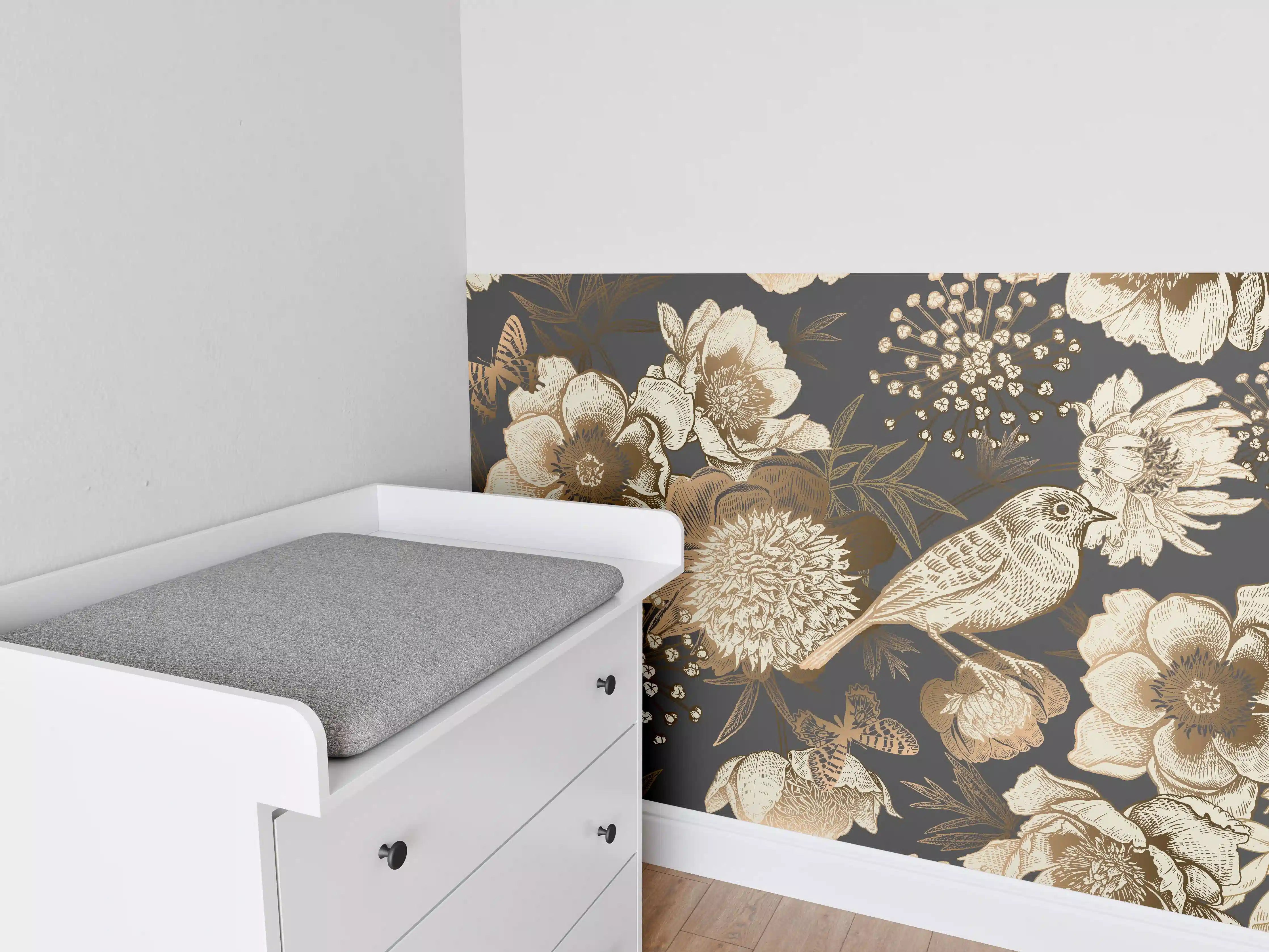 Babyzimmer Wandgestaltung - Vintage Gold-Pfingstrosen-Muster