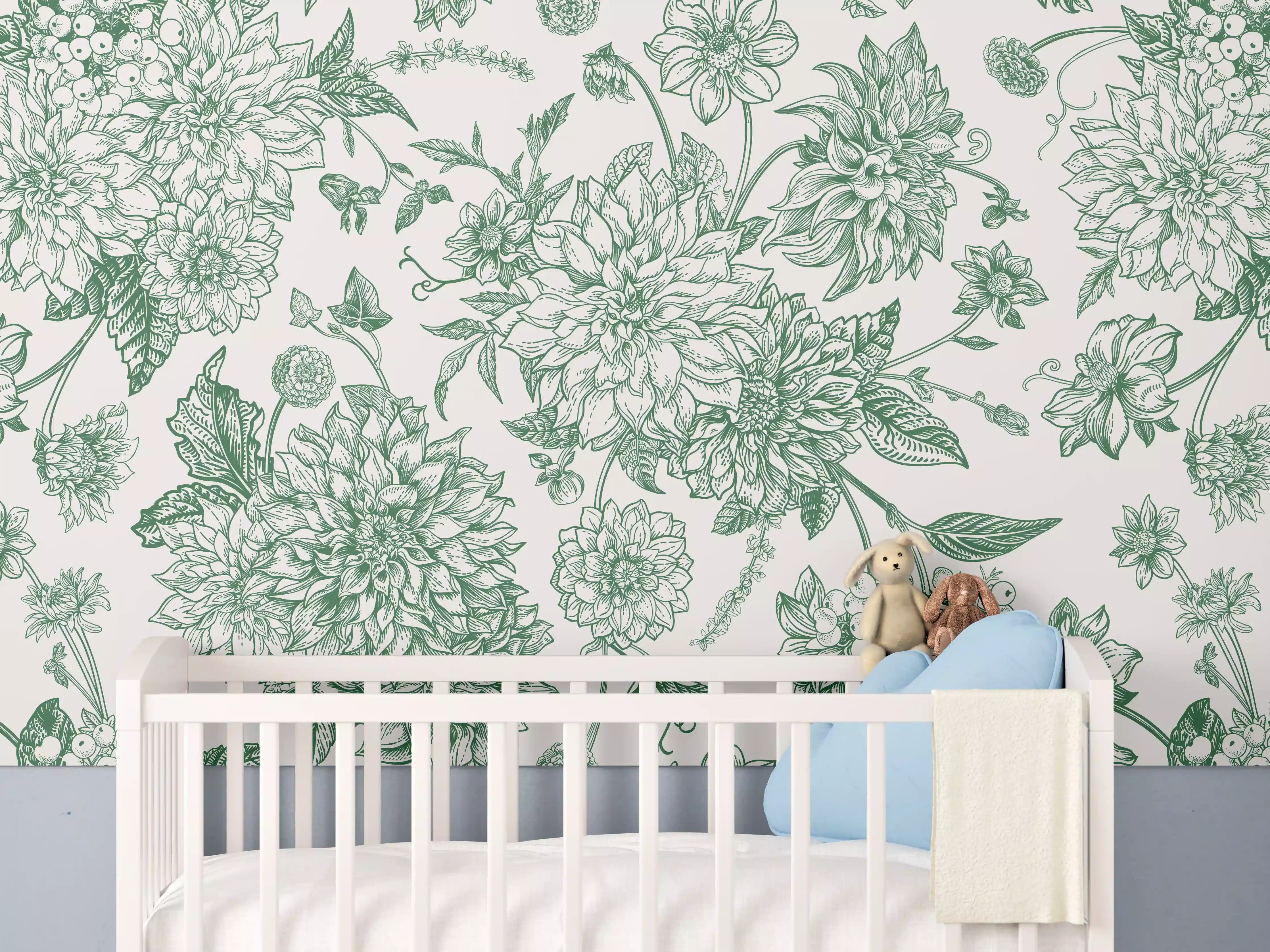 Babyzimmer Wandgestaltung - Vintage Grün Blumen Lineart