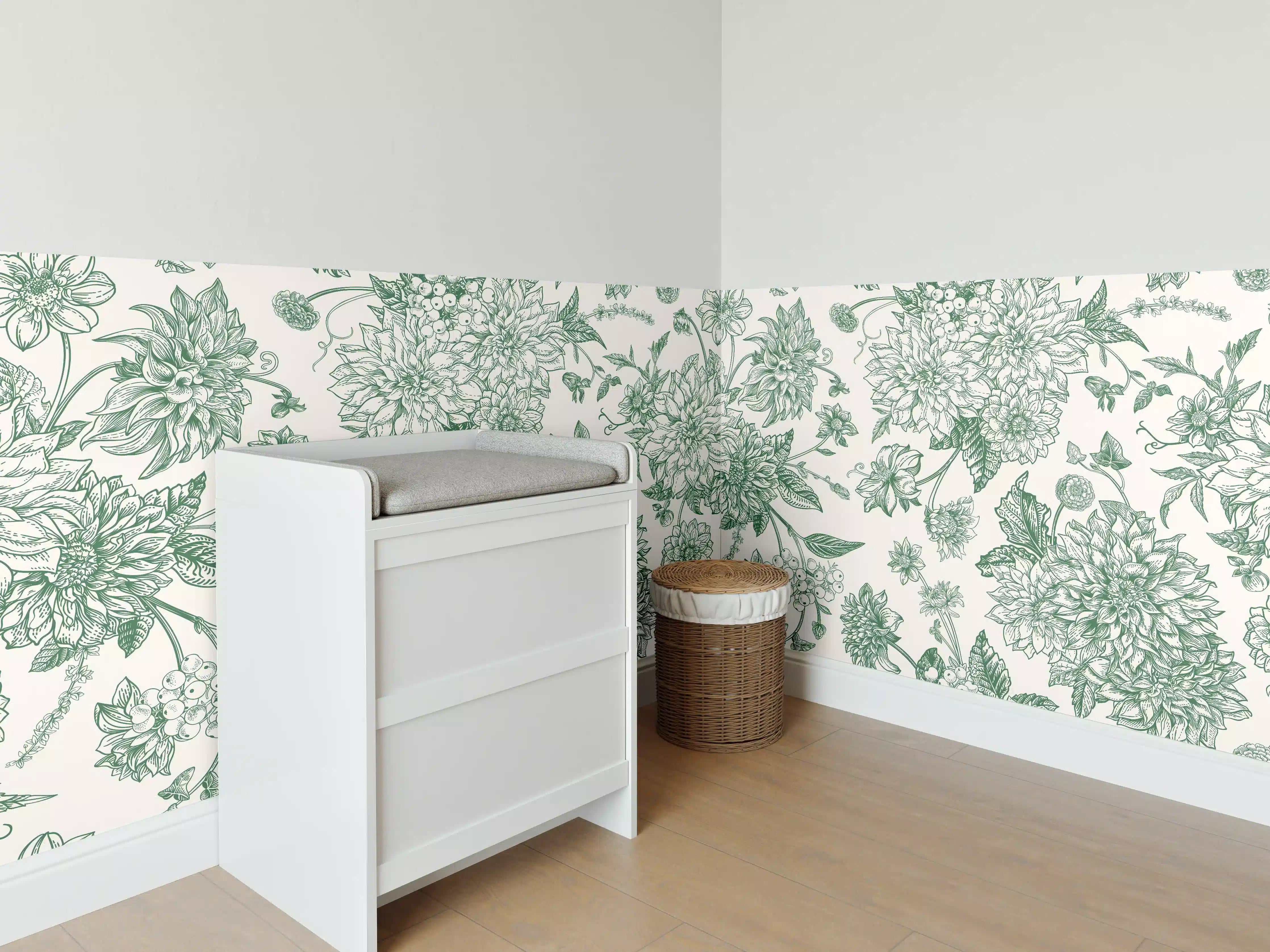 Babyzimmer Wandgestaltung - Vintage Grün Blumen Lineart