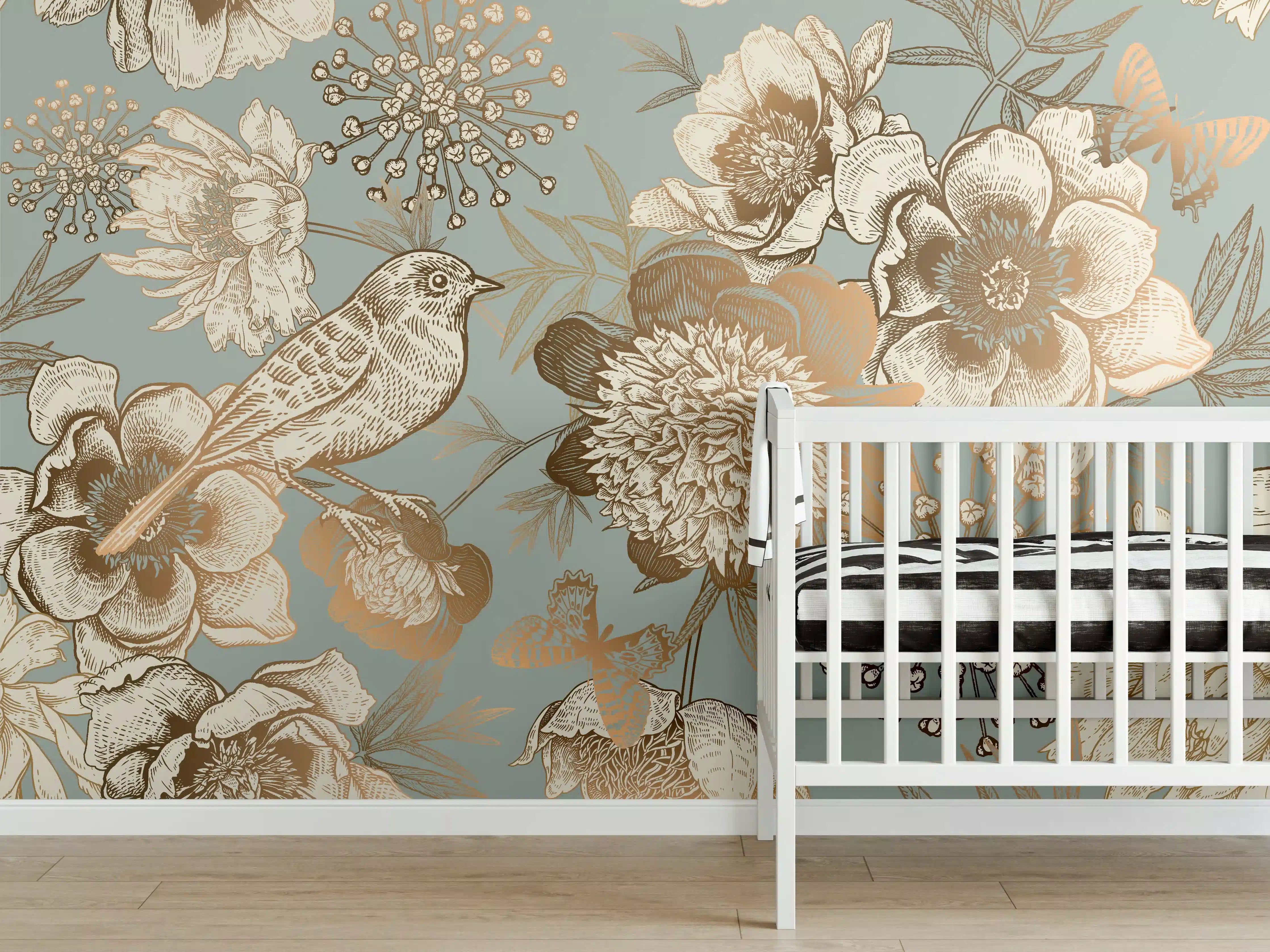 Babyzimmer Wandgestaltung - Vintage Pfingstrosen Muster Beige