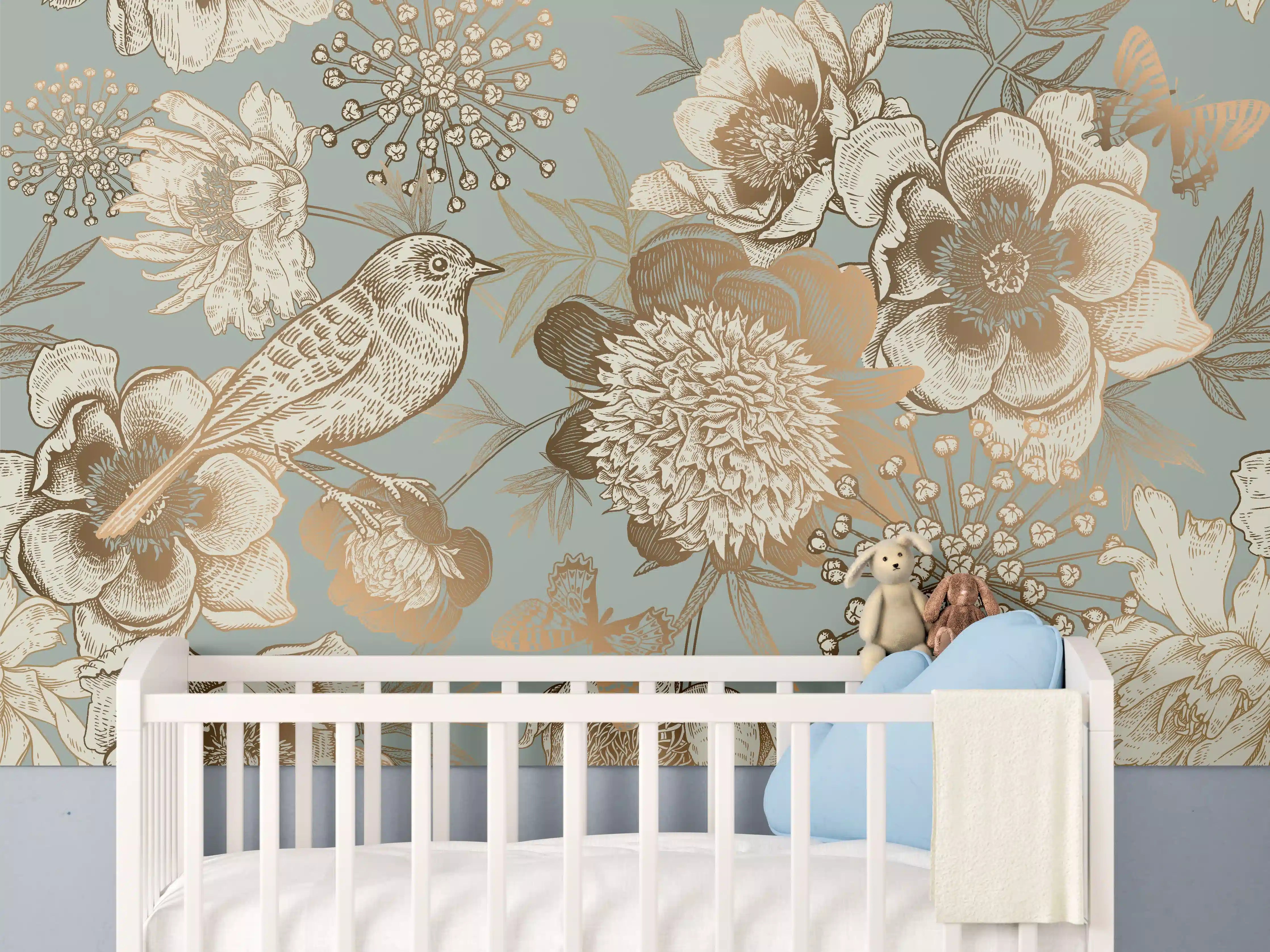Babyzimmer Wandgestaltung - Vintage Pfingstrosen Muster Beige