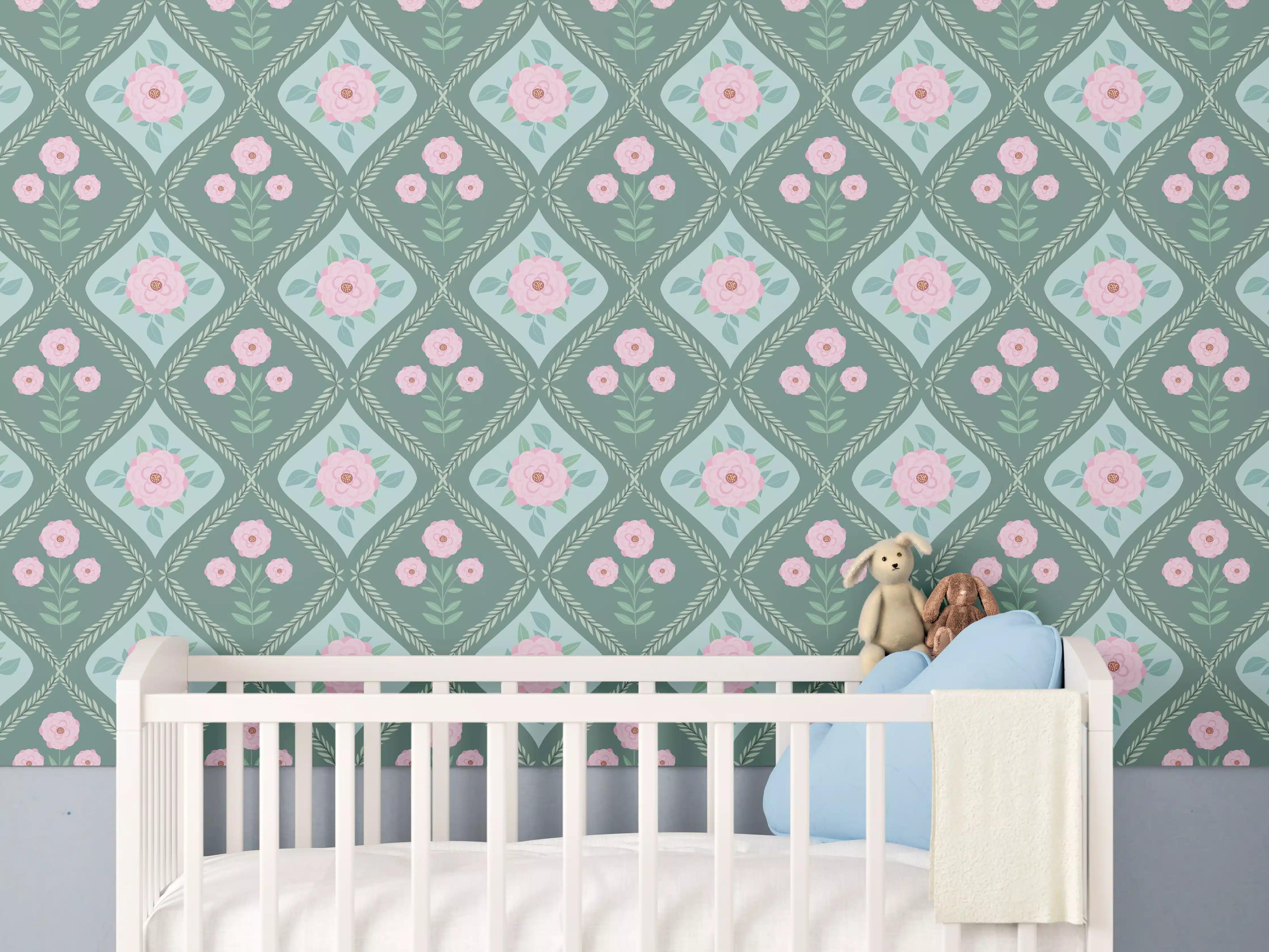 Babyzimmer Wandgestaltung - Vintage Rosen Tapete Grün-Rosa
