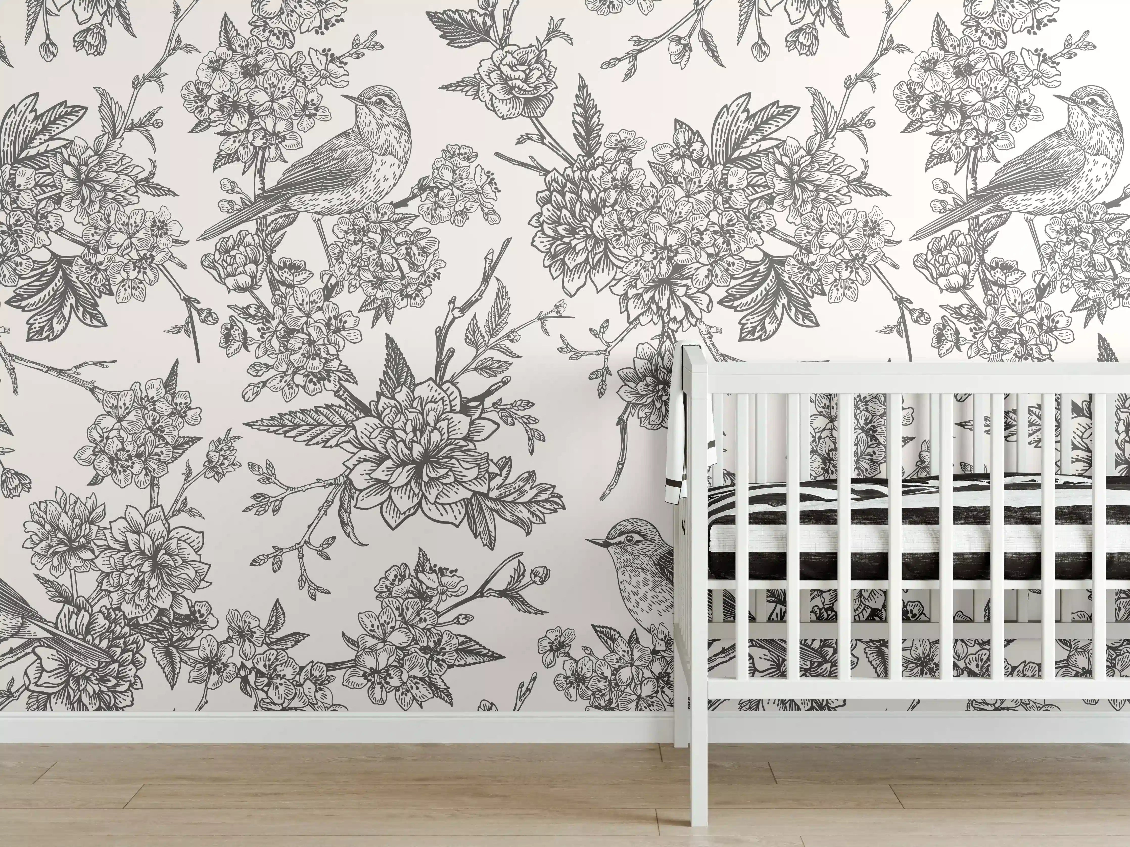 Babyzimmer Wandgestaltung - Vintage Schwarzweiß Blumenmuster