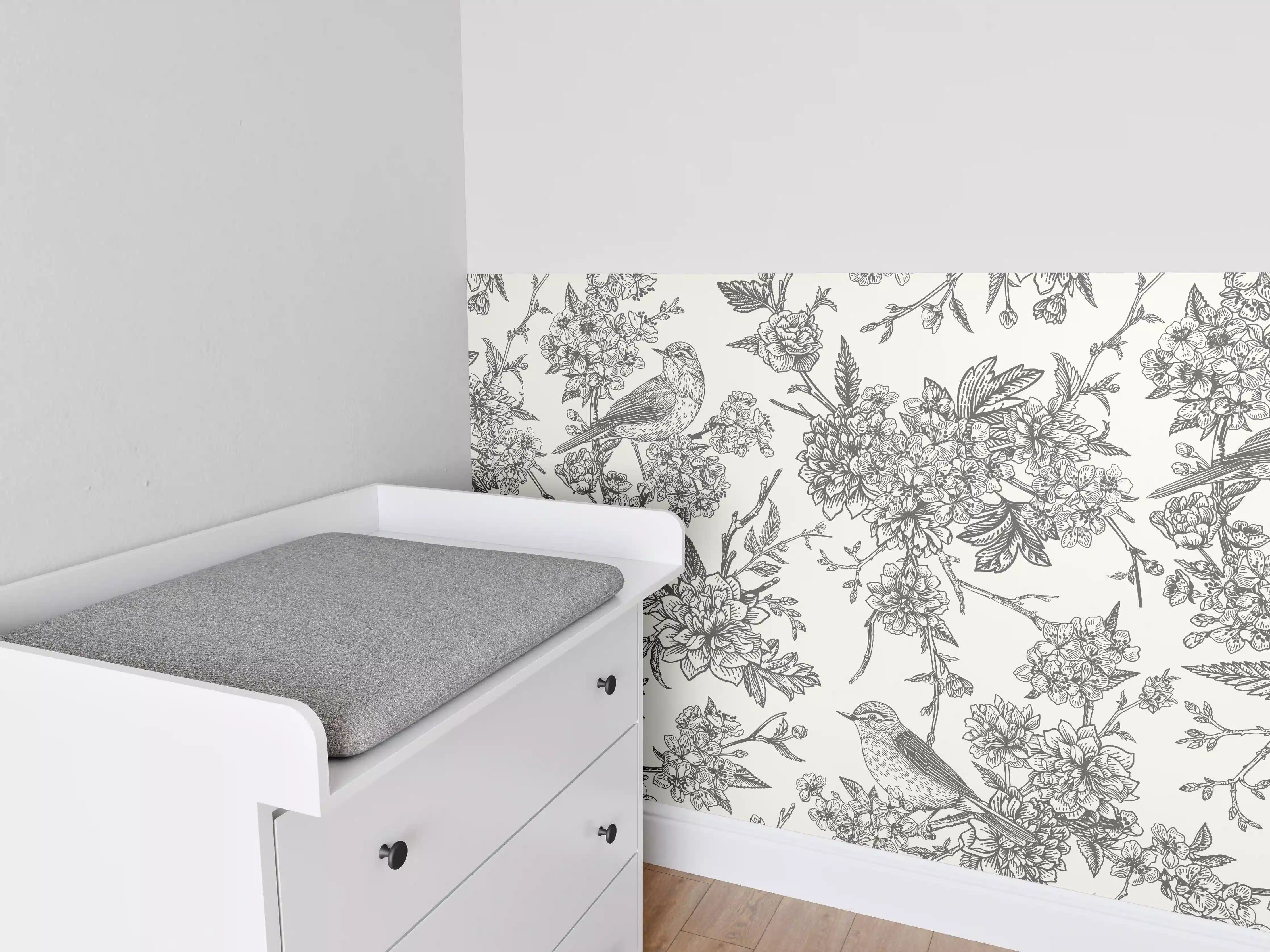 Babyzimmer Wandgestaltung - Vintage Schwarzweiß Blumenmuster
