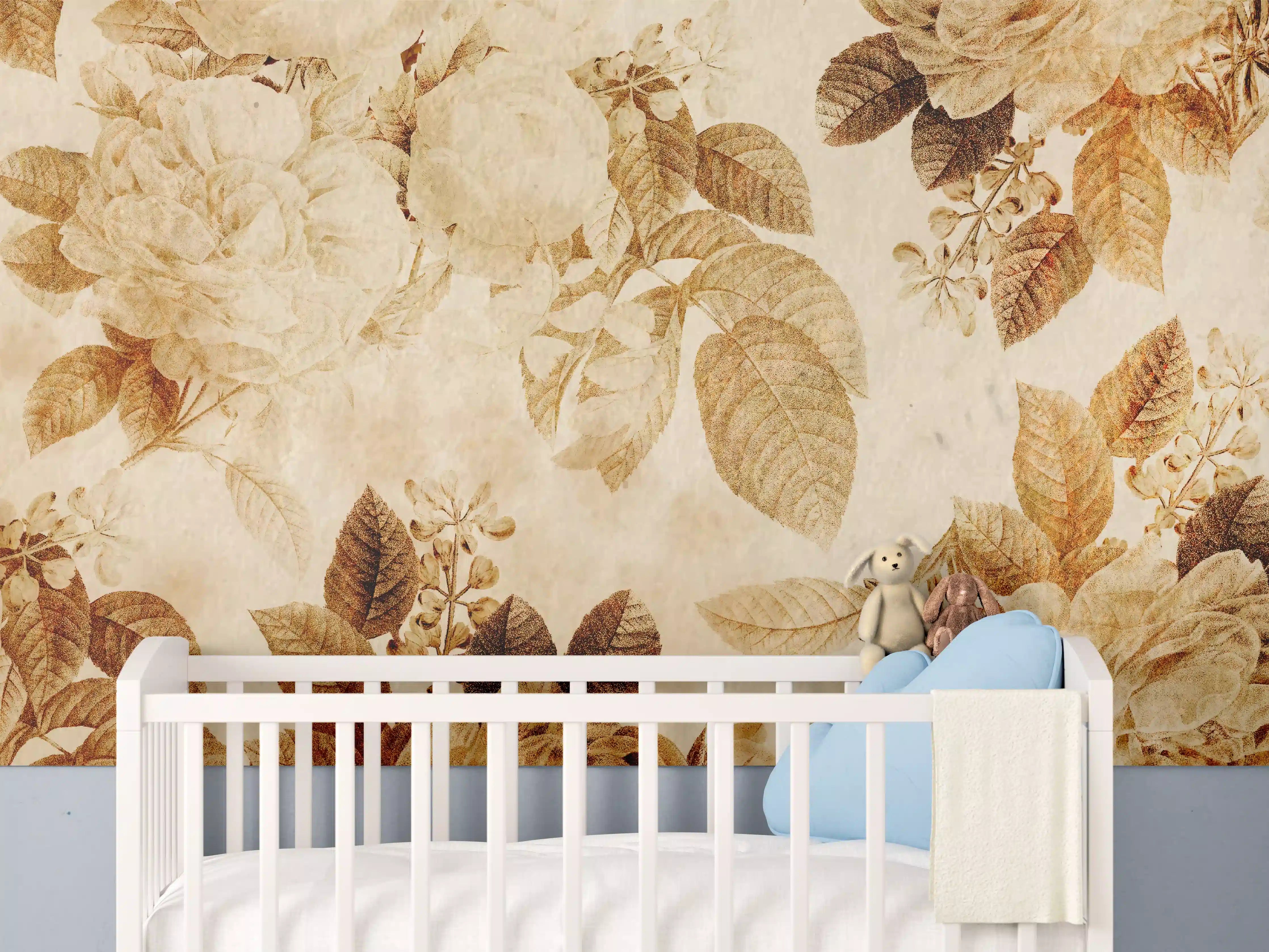 Babyzimmer Wandgestaltung - Vintage-Tapeten Blumen Muster 