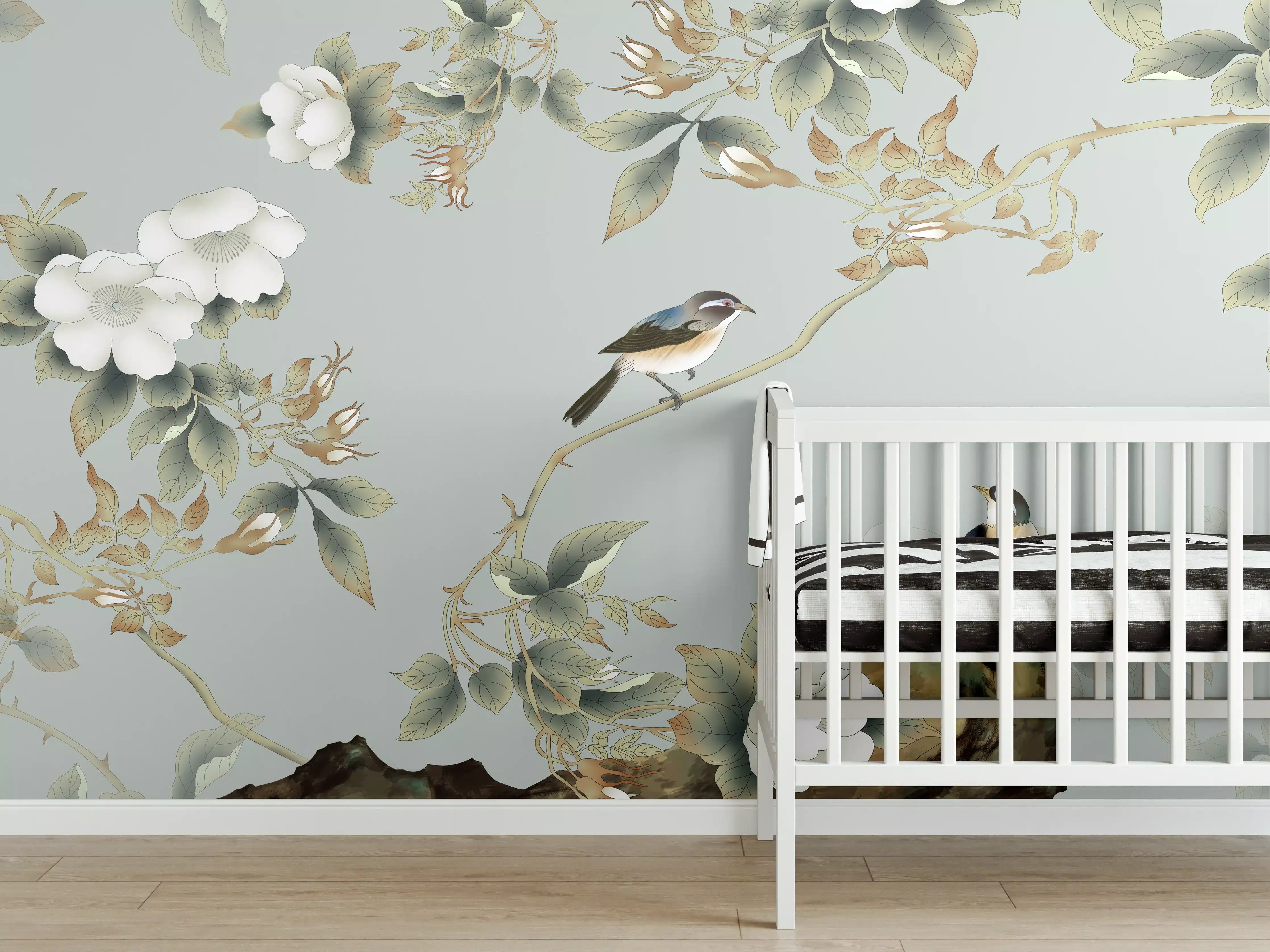 Babyzimmer Wandgestaltung - Vögel Natur Illustration auf grauem Hintergrund