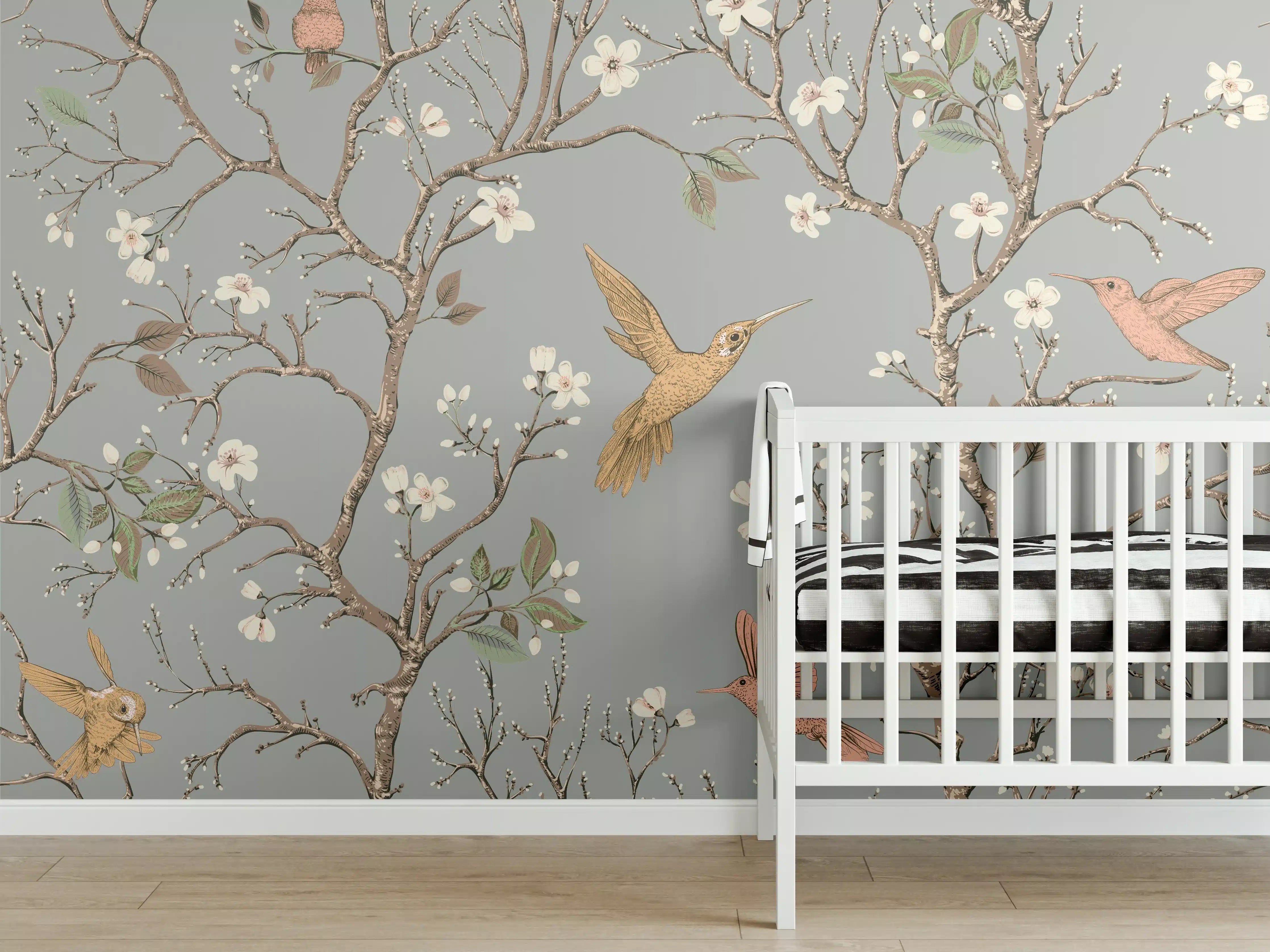 Babyzimmer Wandgestaltung - Vögel & Blütenzweige Muster