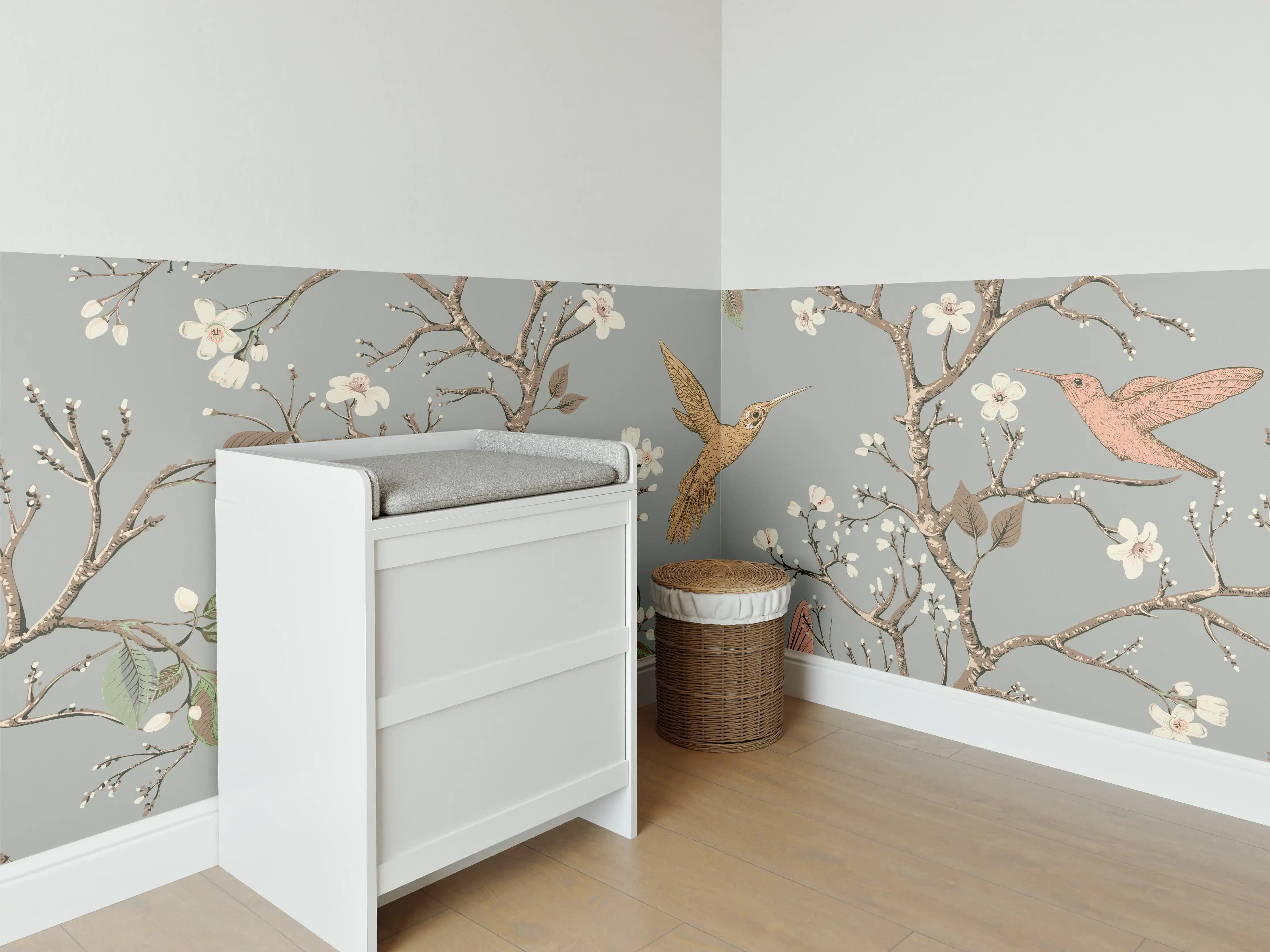 Babyzimmer Wandgestaltung - Vögel & Blütenzweige Muster