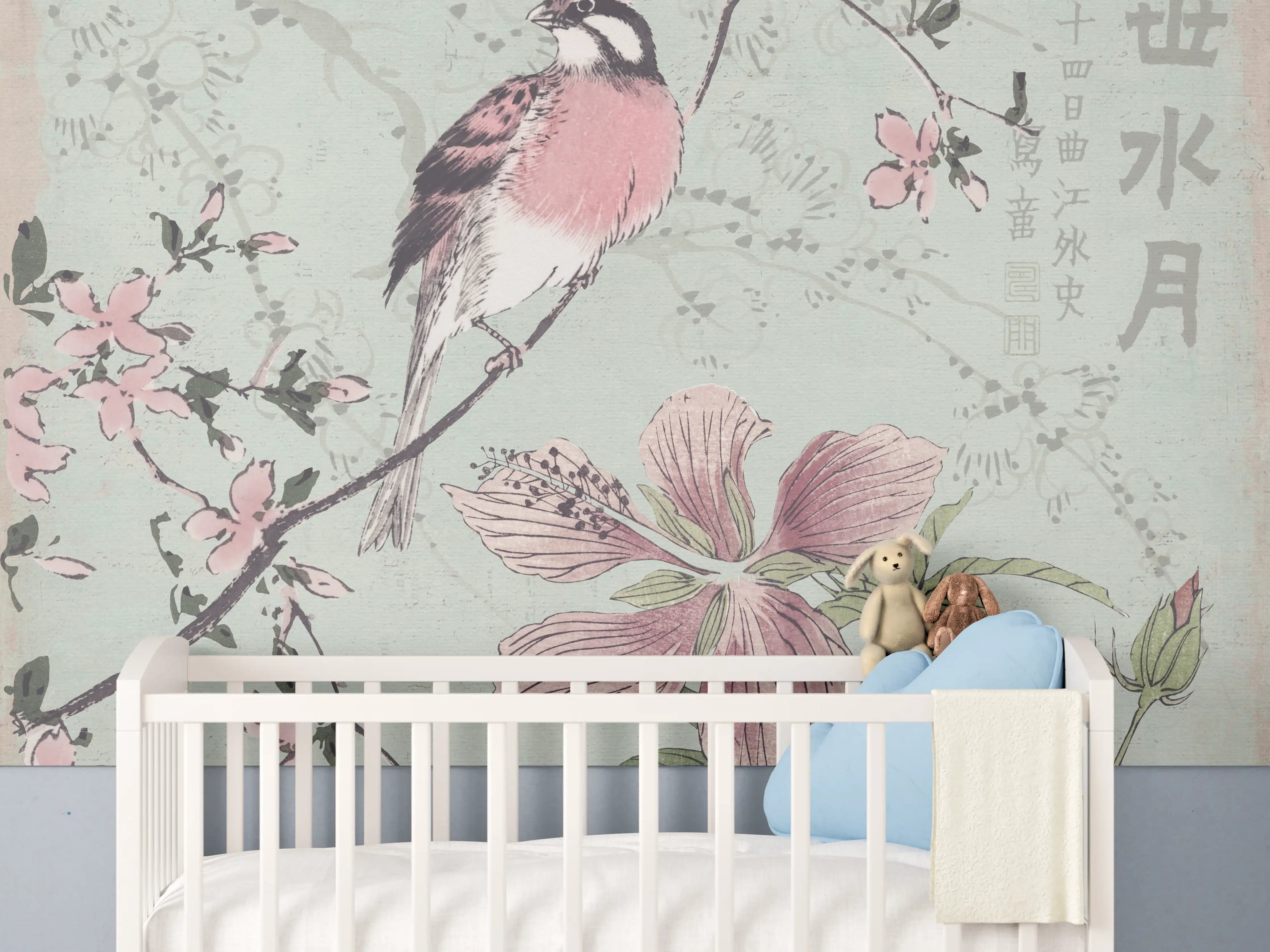 Babyzimmer Wandgestaltung - Vogel Zeichnung - Floral