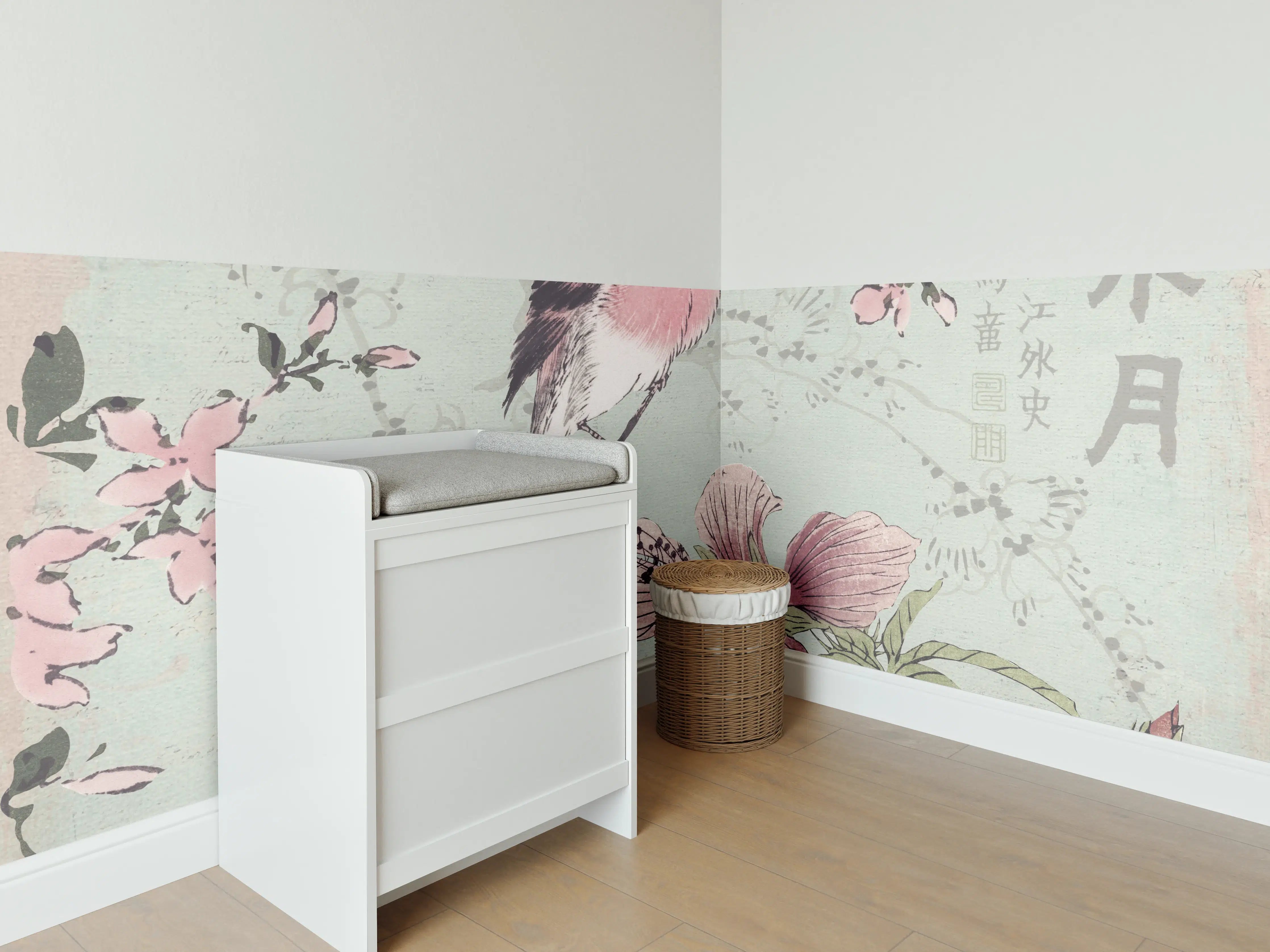 Babyzimmer Wandgestaltung - Vogel Zeichnung - Floral