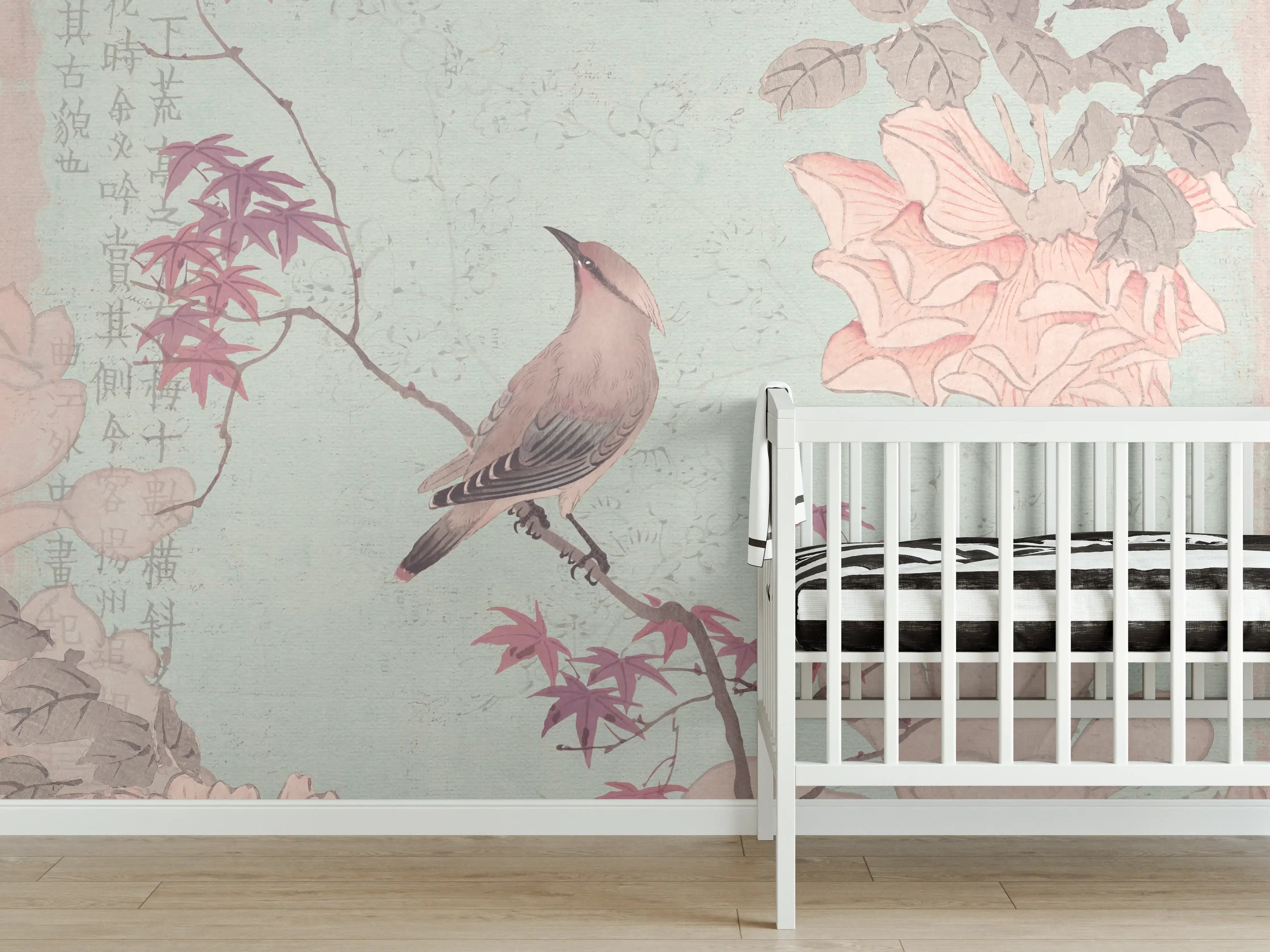 Babyzimmer Wandgestaltung - Vogel Zeichnung - Rosa