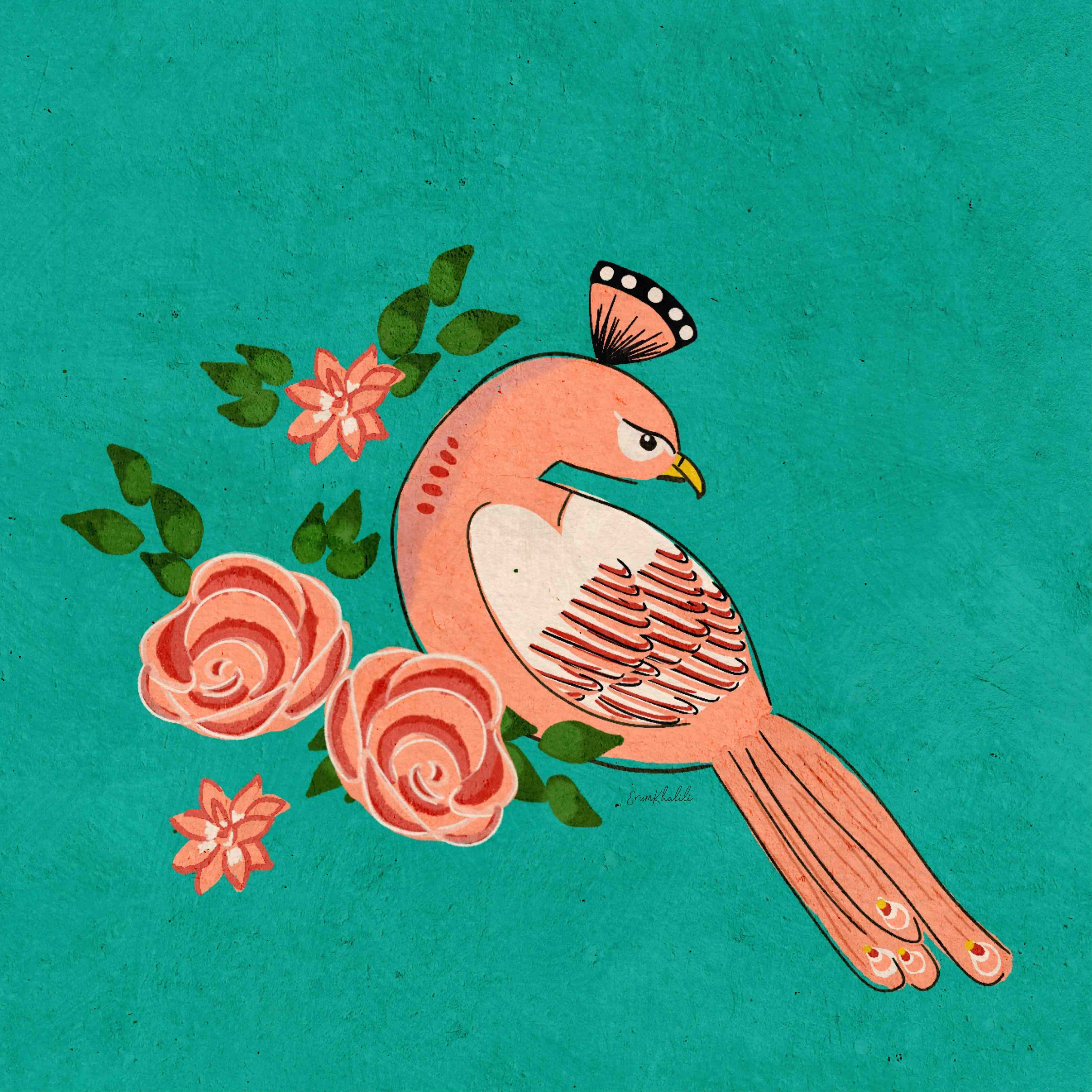 Babyzimmer Wandgestaltung-Vogel mit Blumen auf türkisfarbenem Hintergrund