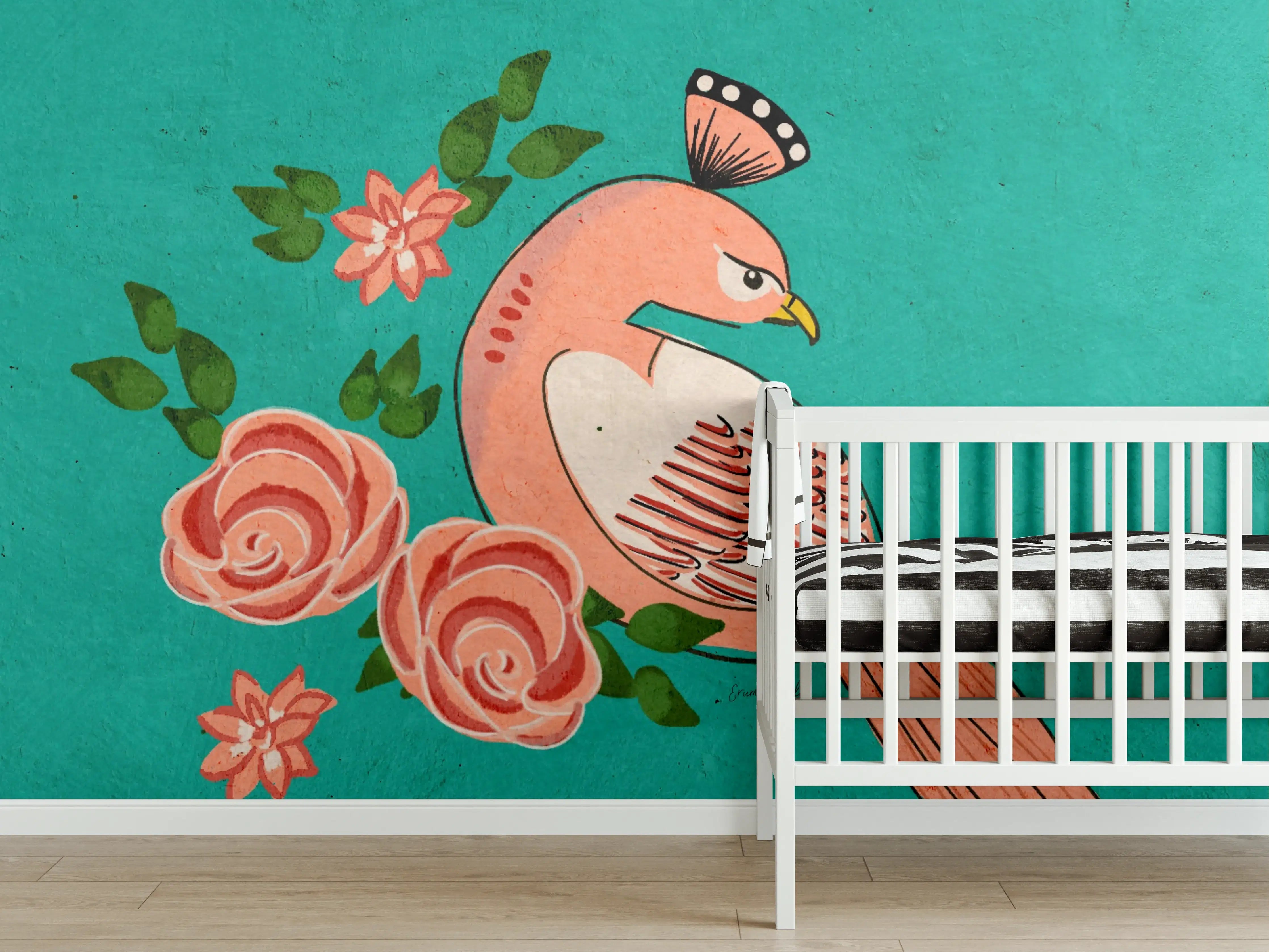 Babyzimmer Wandgestaltung - Vogel mit Blumen auf türkisfarbenem Hintergrund