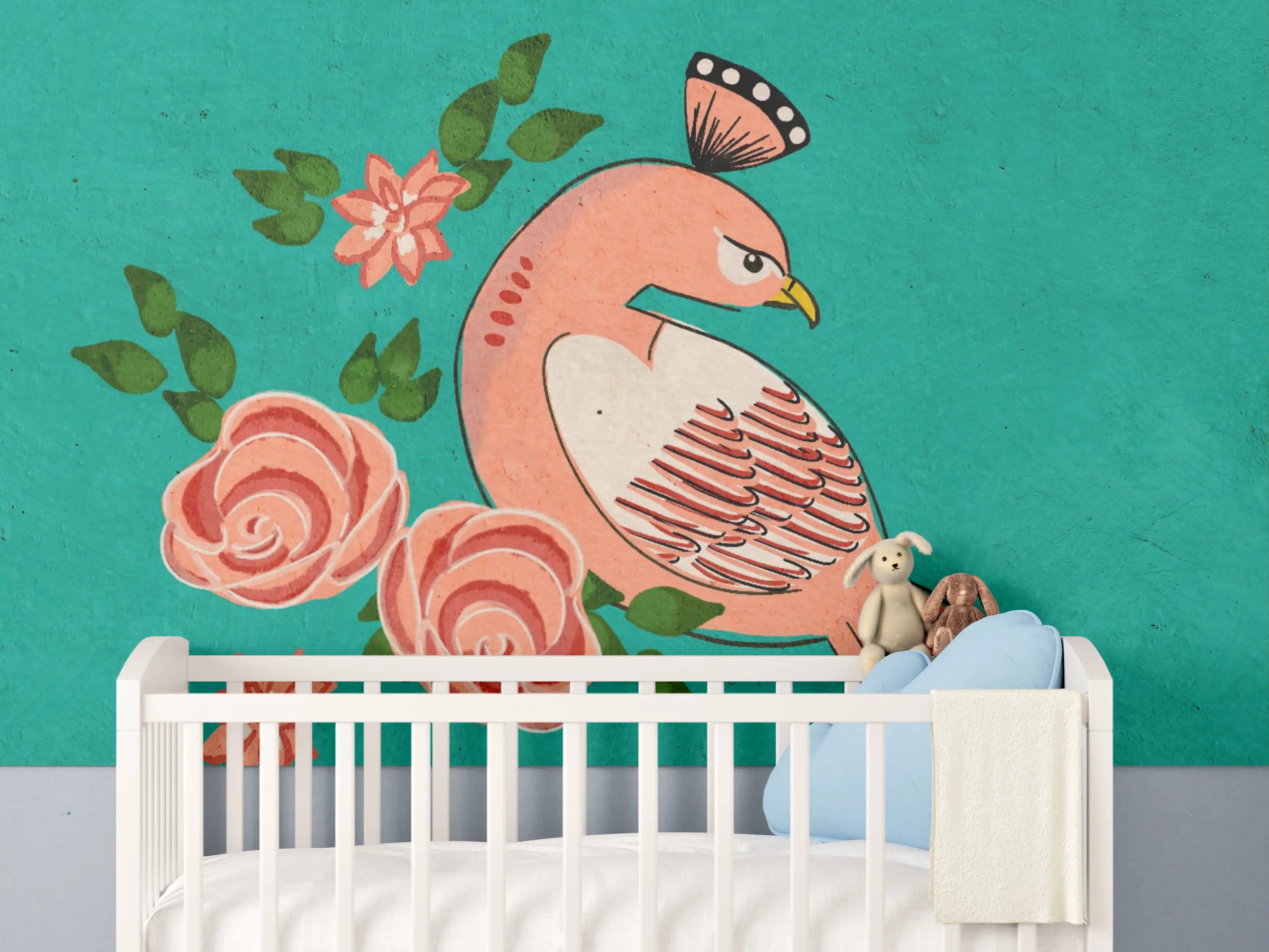 Babyzimmer Wandgestaltung - Vogel mit Blumen auf türkisfarbenem Hintergrund