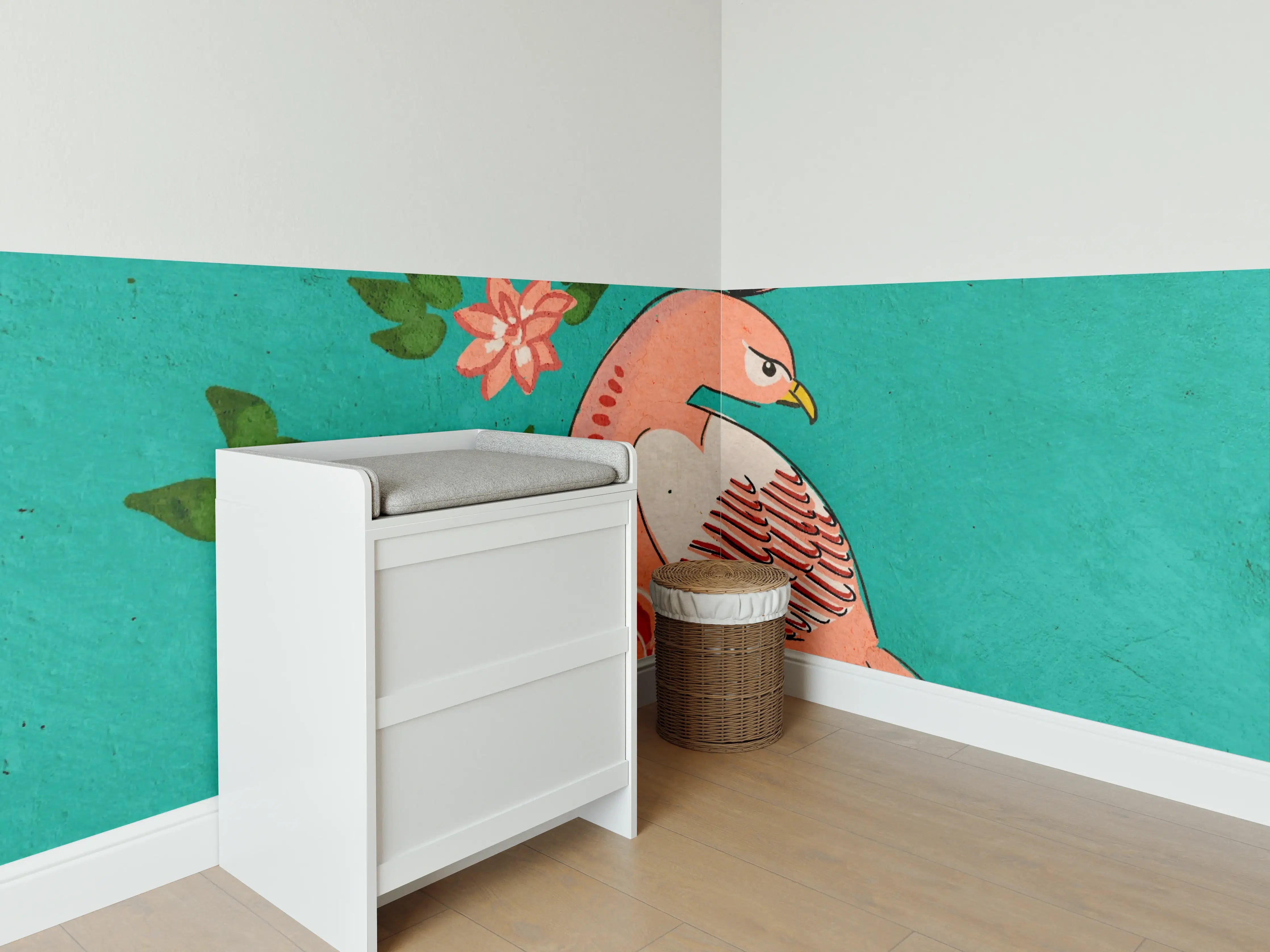 Babyzimmer Wandgestaltung - Vogel mit Blumen auf türkisfarbenem Hintergrund