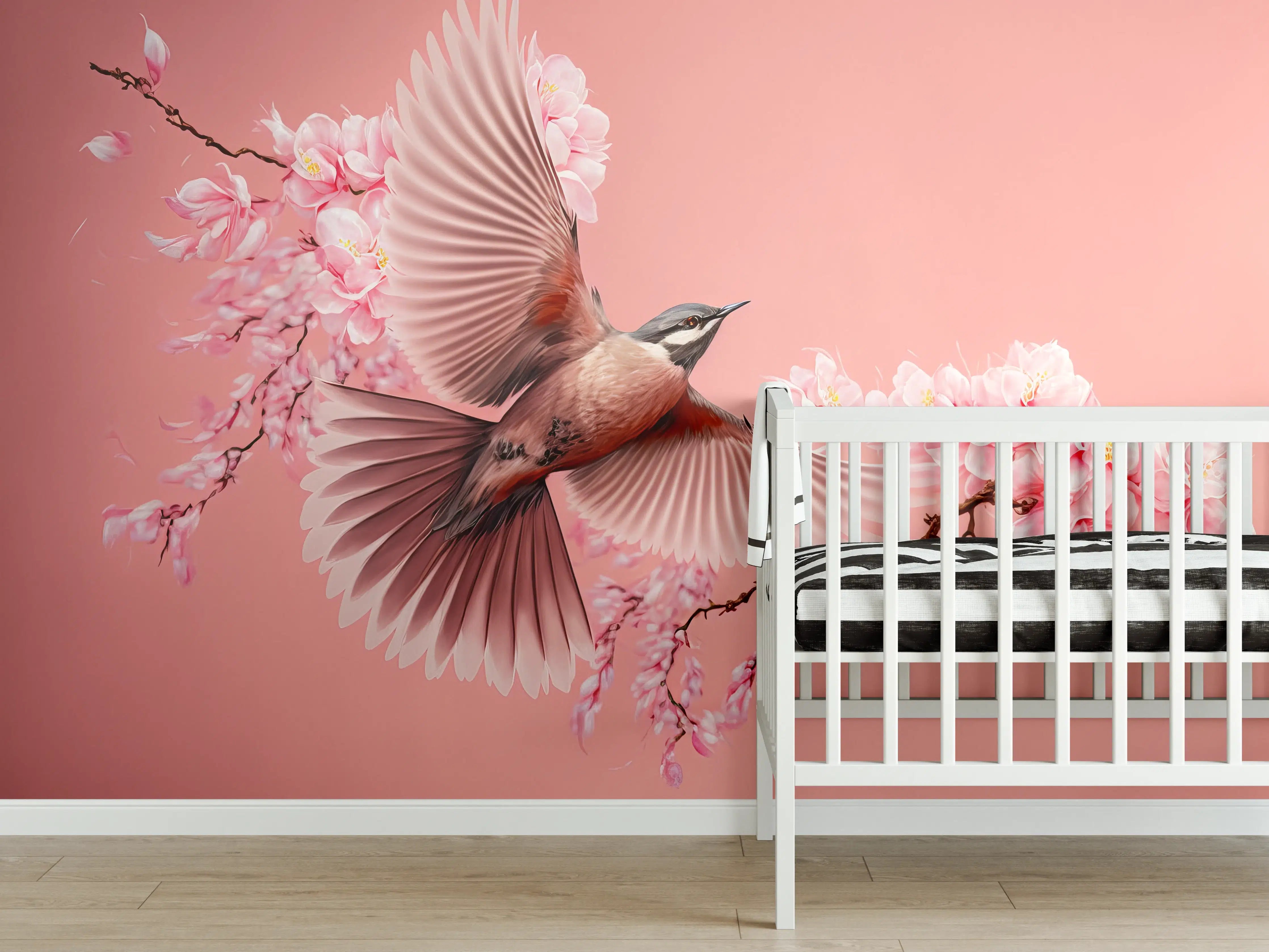 Babyzimmer Wandgestaltung - Vogel und Kirschblüten Pink