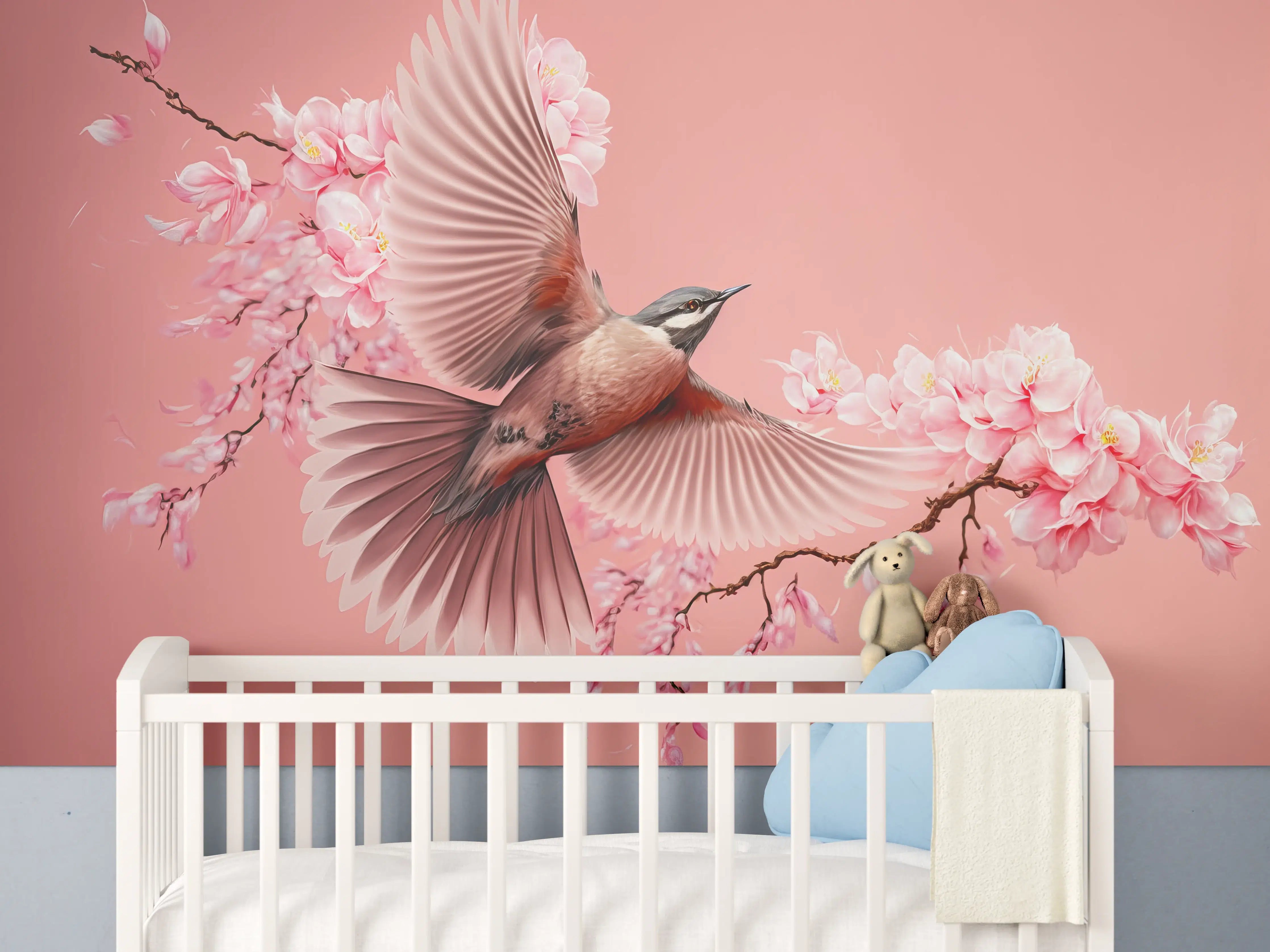 Babyzimmer Wandgestaltung - Vogel und Kirschblüten Pink