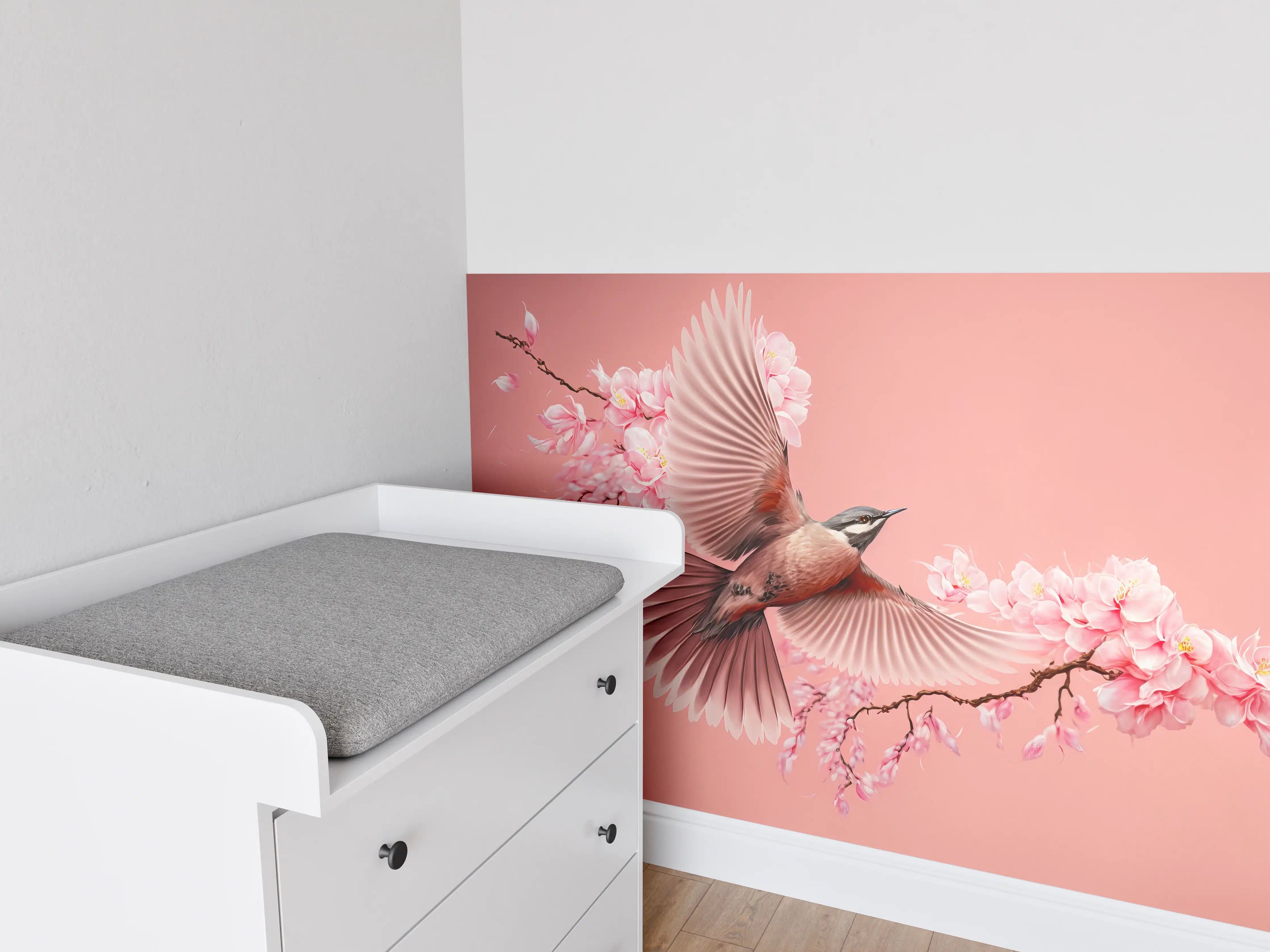 Babyzimmer Wandgestaltung - Vogel und Kirschblüten Pink
