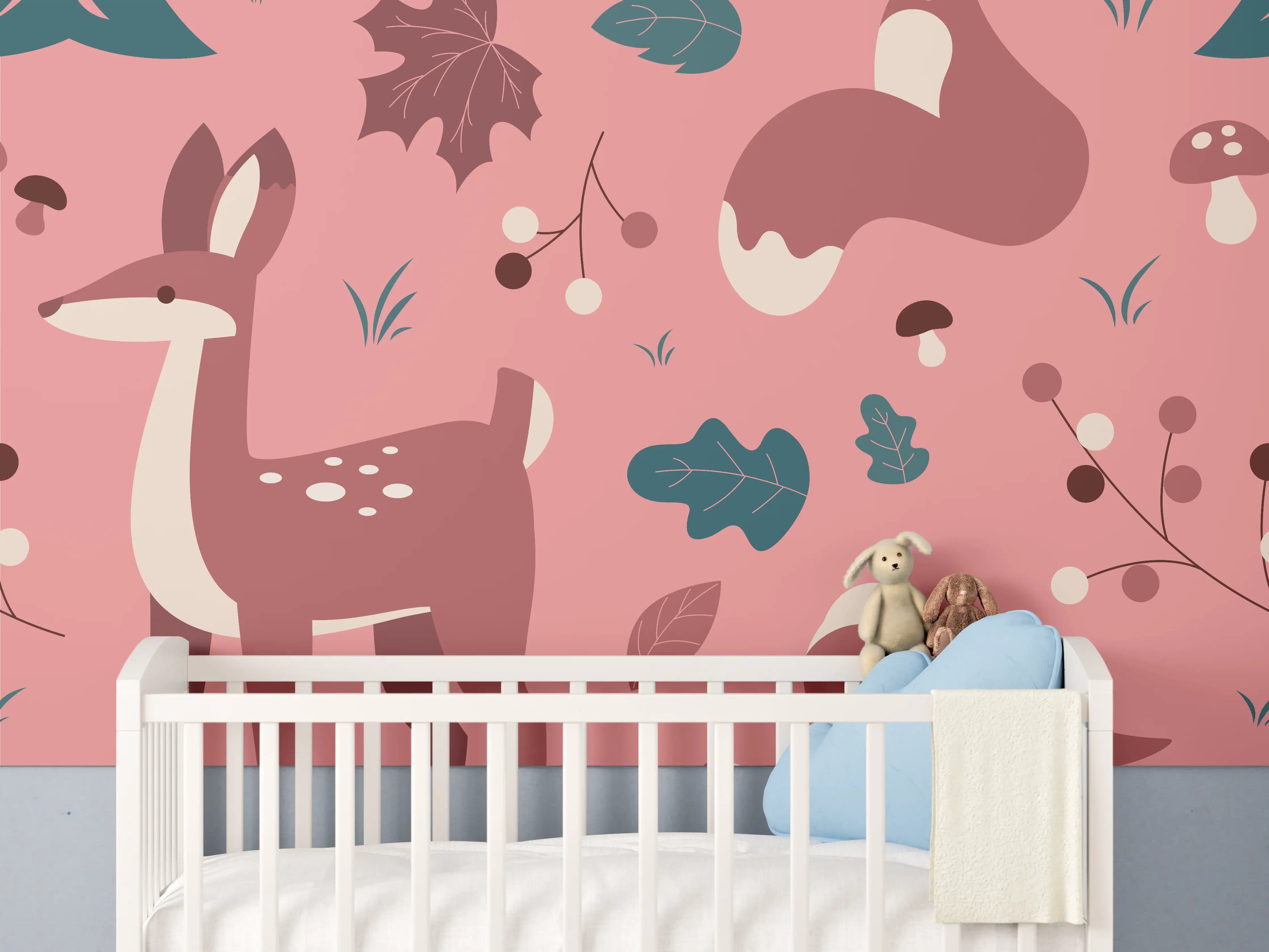 Babyzimmer Wandgestaltung - Waldtiere Muster rosa Hintergrund
