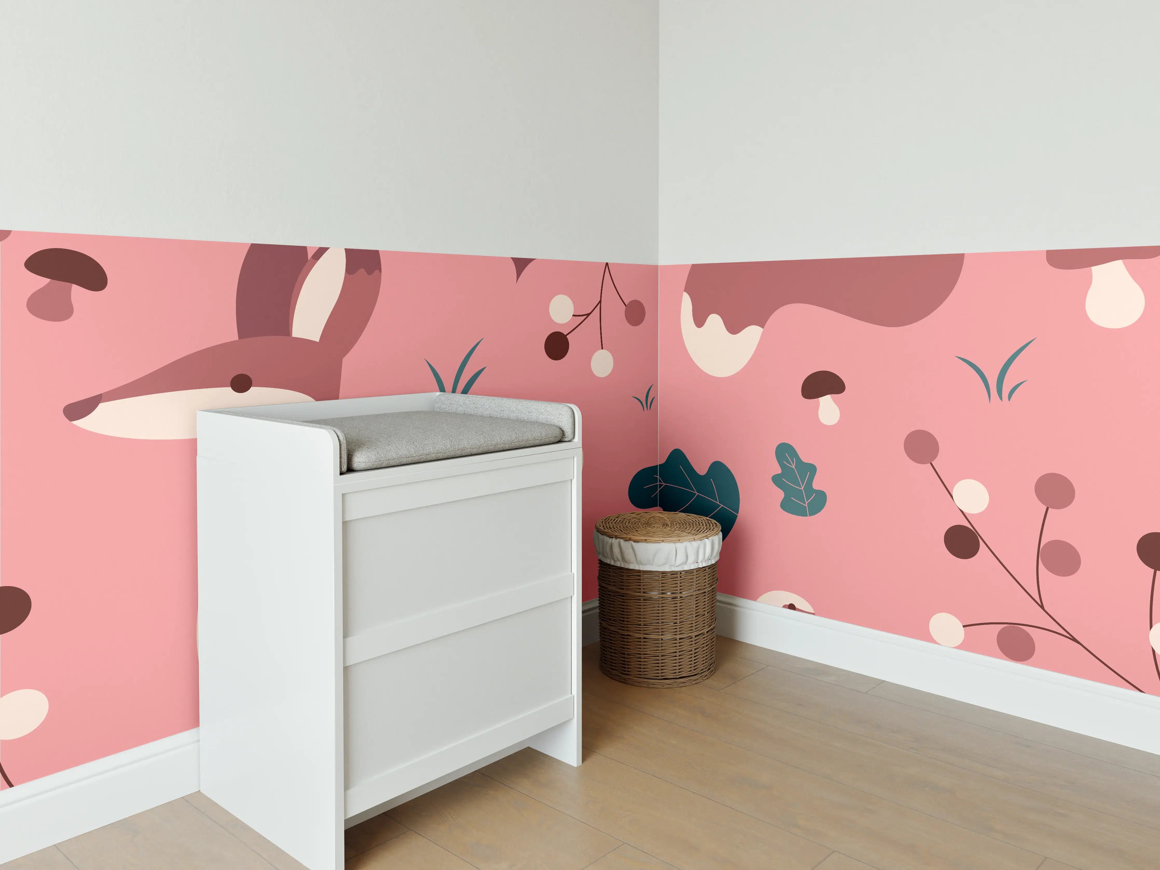 Babyzimmer Wandgestaltung - Waldtiere Muster rosa Hintergrund