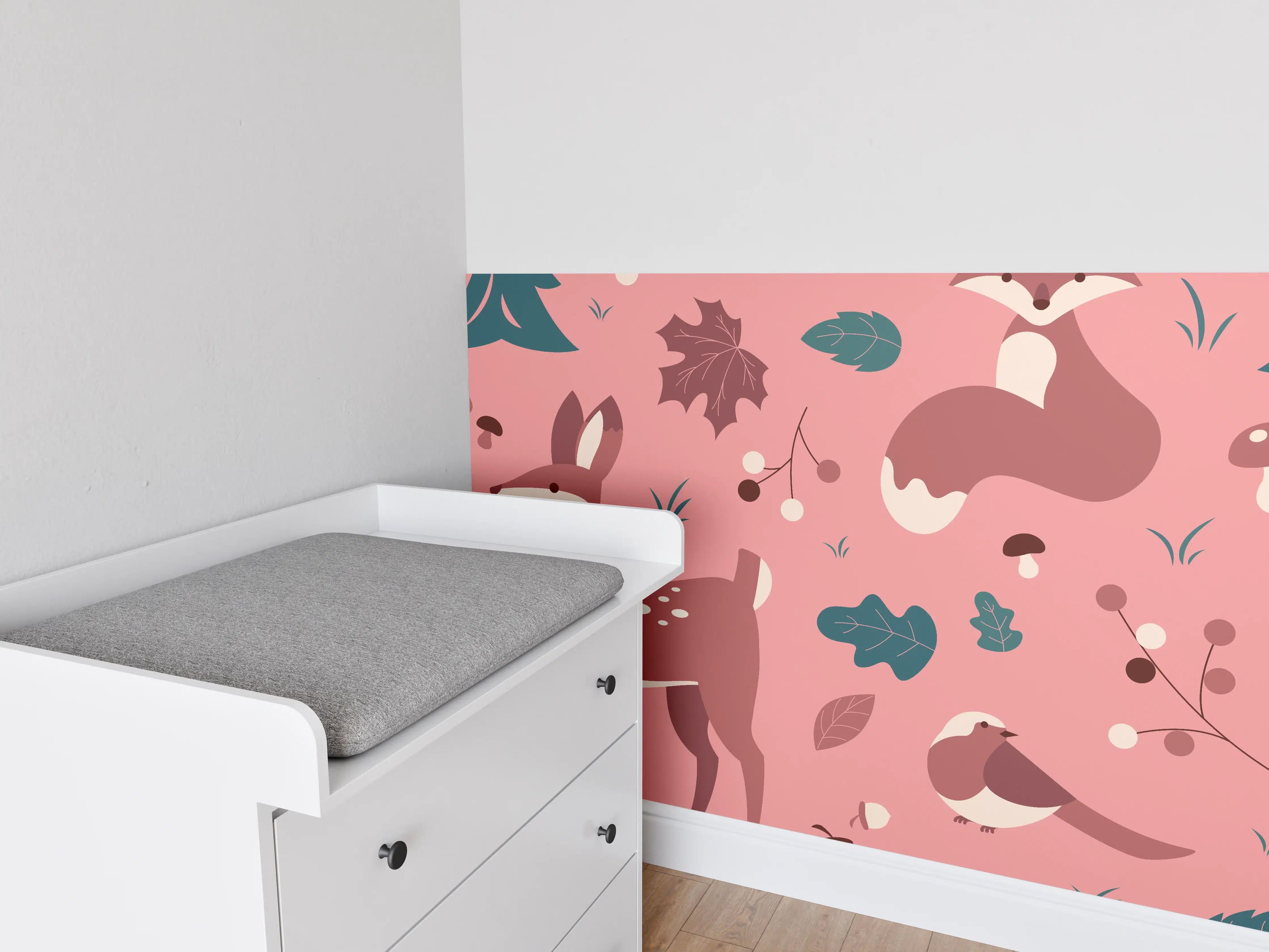 Babyzimmer Wandgestaltung - Waldtiere Muster rosa Hintergrund