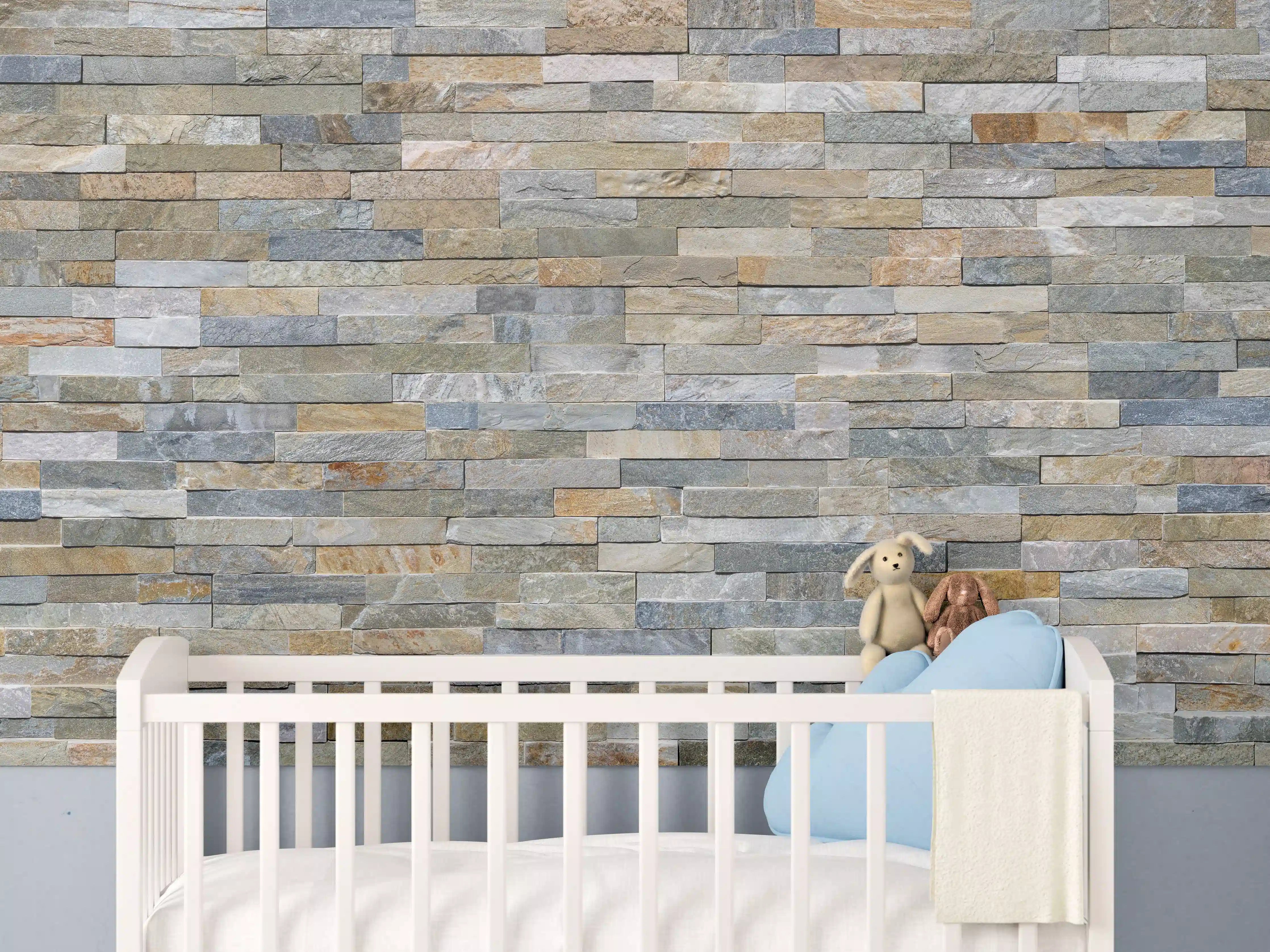 Babyzimmer Wandgestaltung - Wand aus farbigen Verblendsteinen