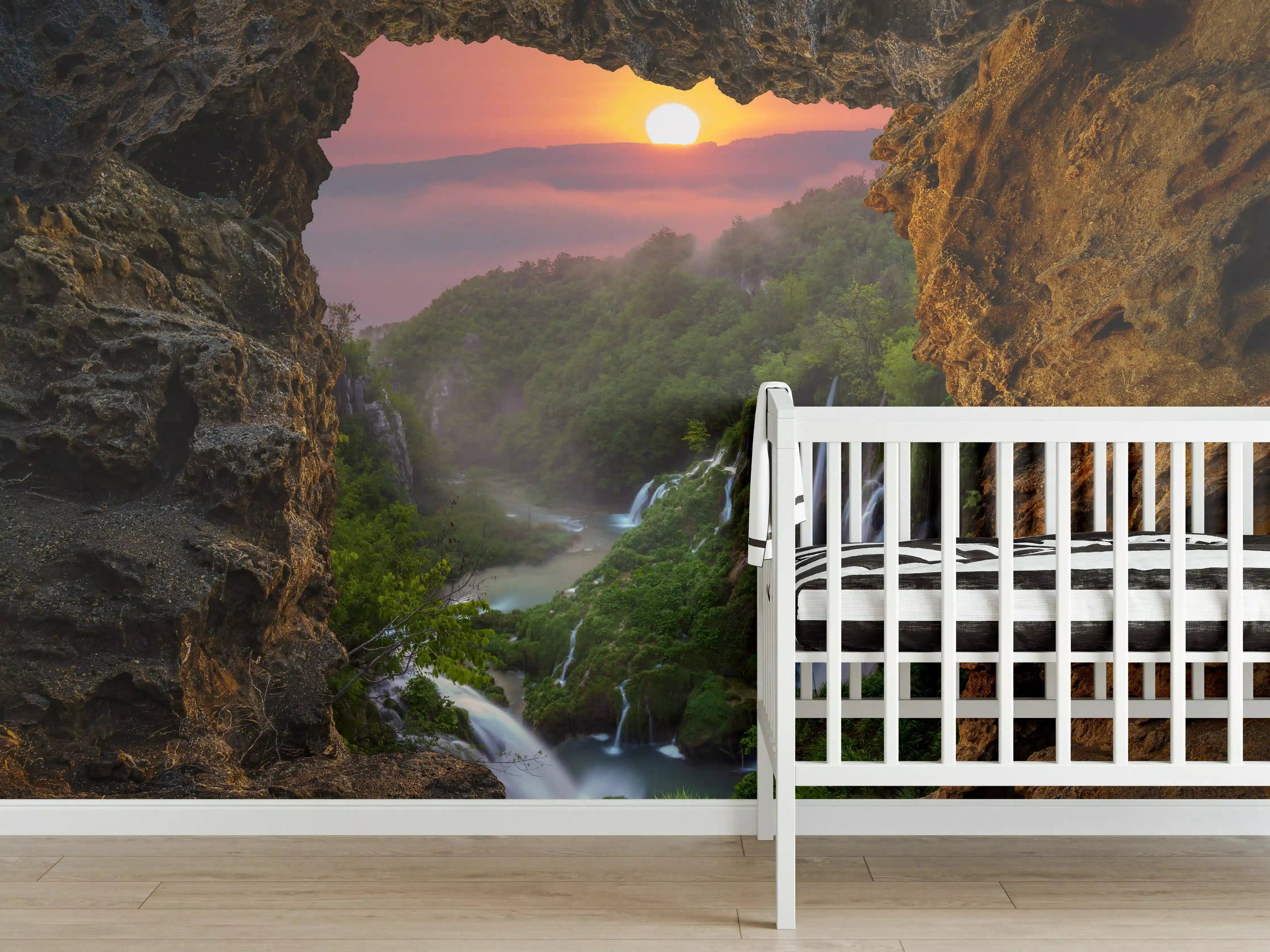 Babyzimmer Wandgestaltung - Wasserfall im Nationalpark Plitvicer Seen bei Sonnenuntergang