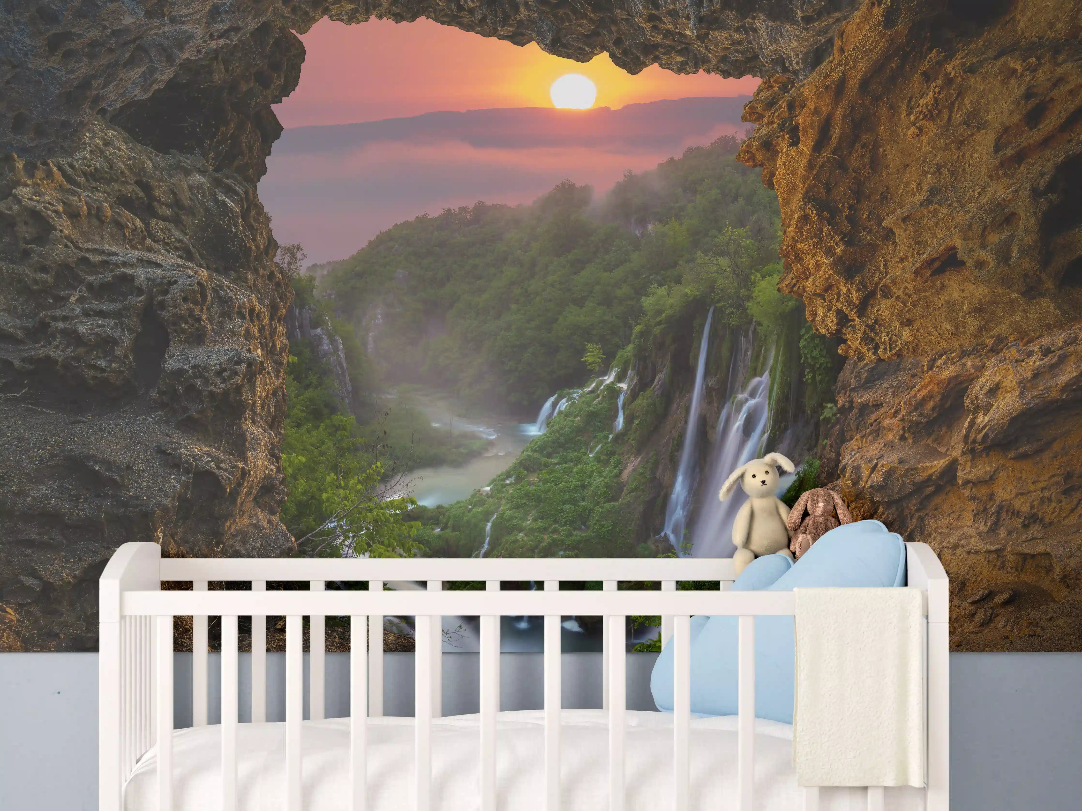 Babyzimmer Wandgestaltung - Wasserfall im Nationalpark Plitvicer Seen bei Sonnenuntergang