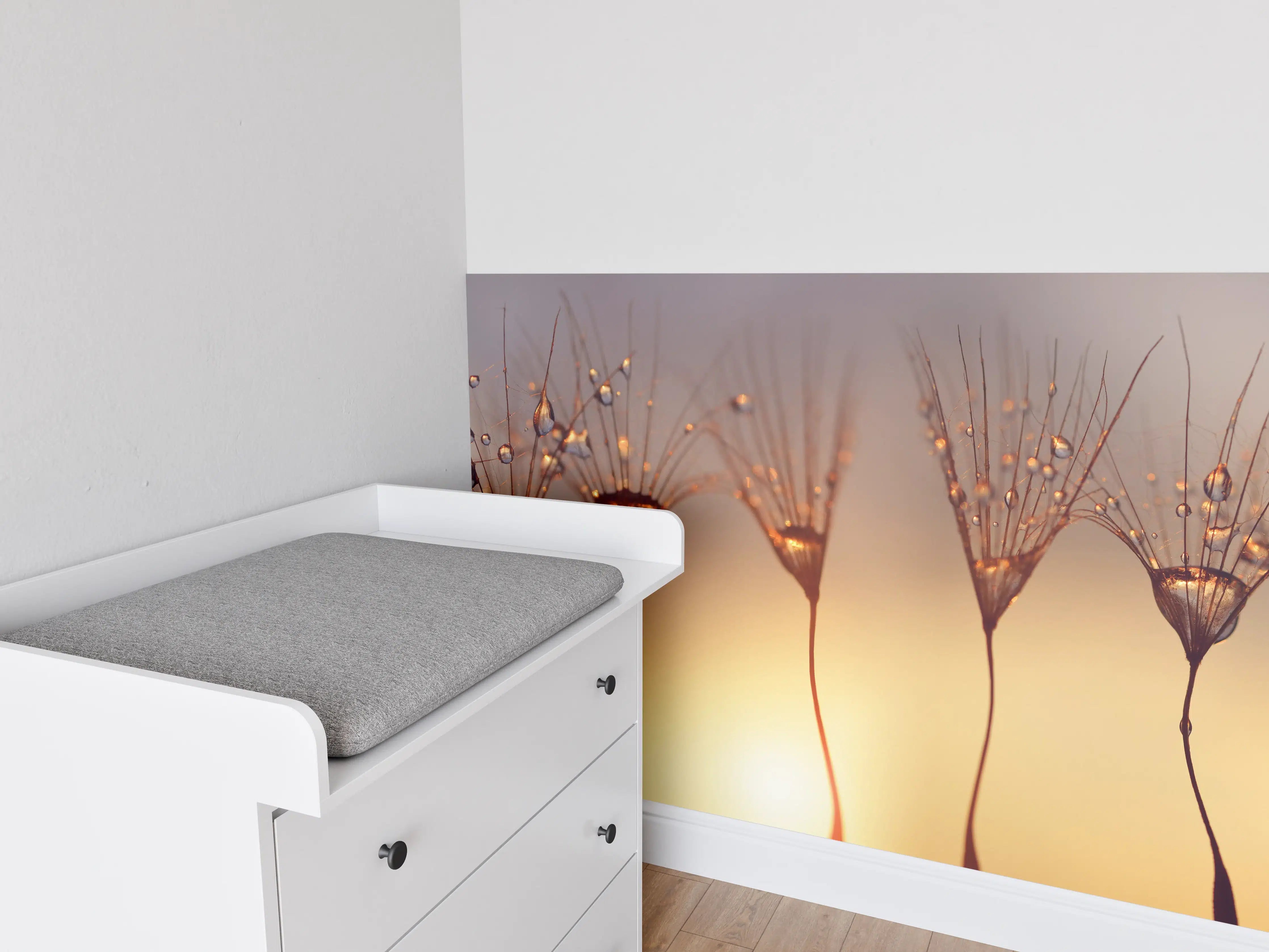 Babyzimmer Wandgestaltung - Wassertropfen auf Löwenzahnsamen