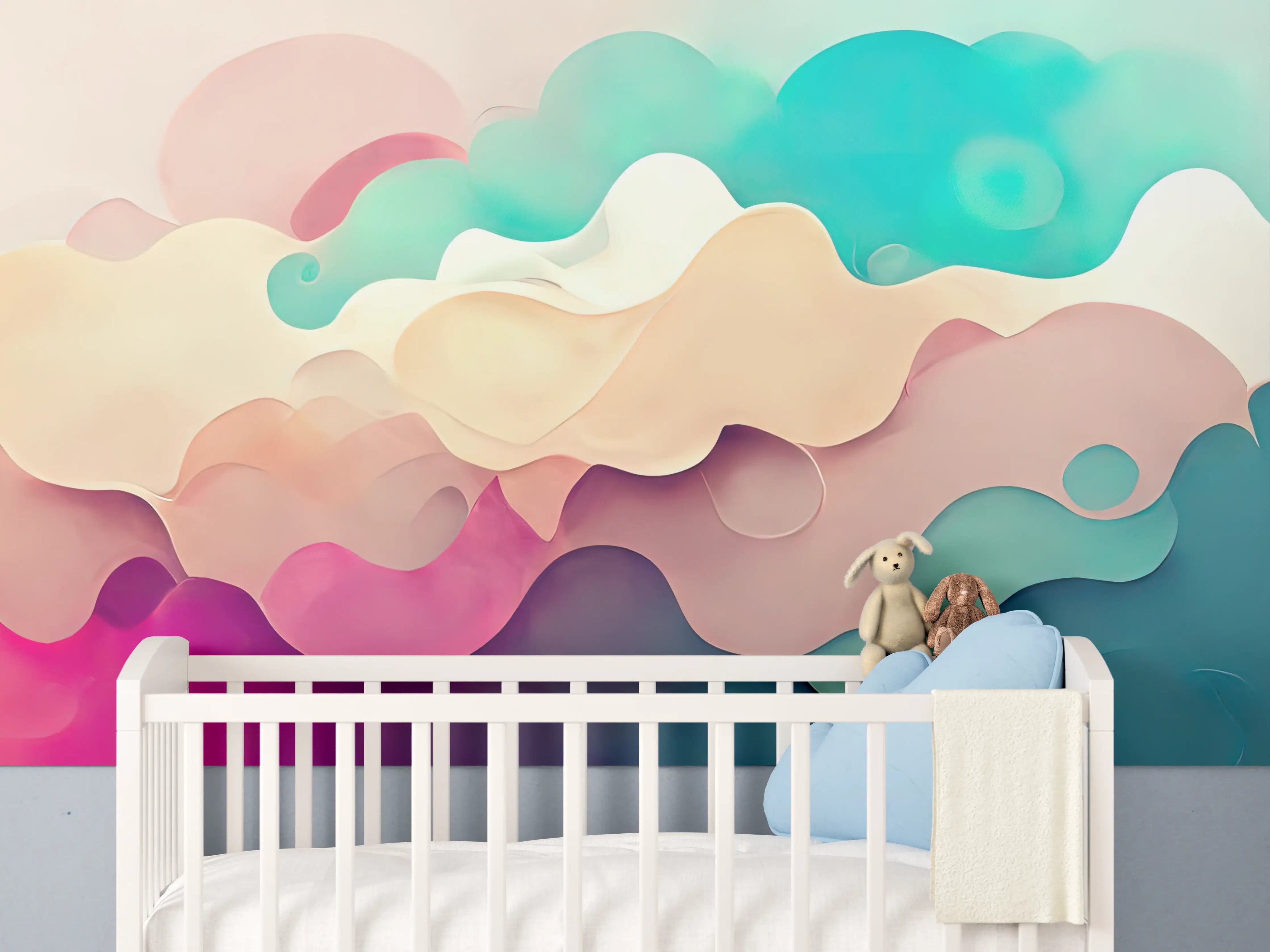 Babyzimmer Wandgestaltung - Weiche Pastellwolken in sanften Farben