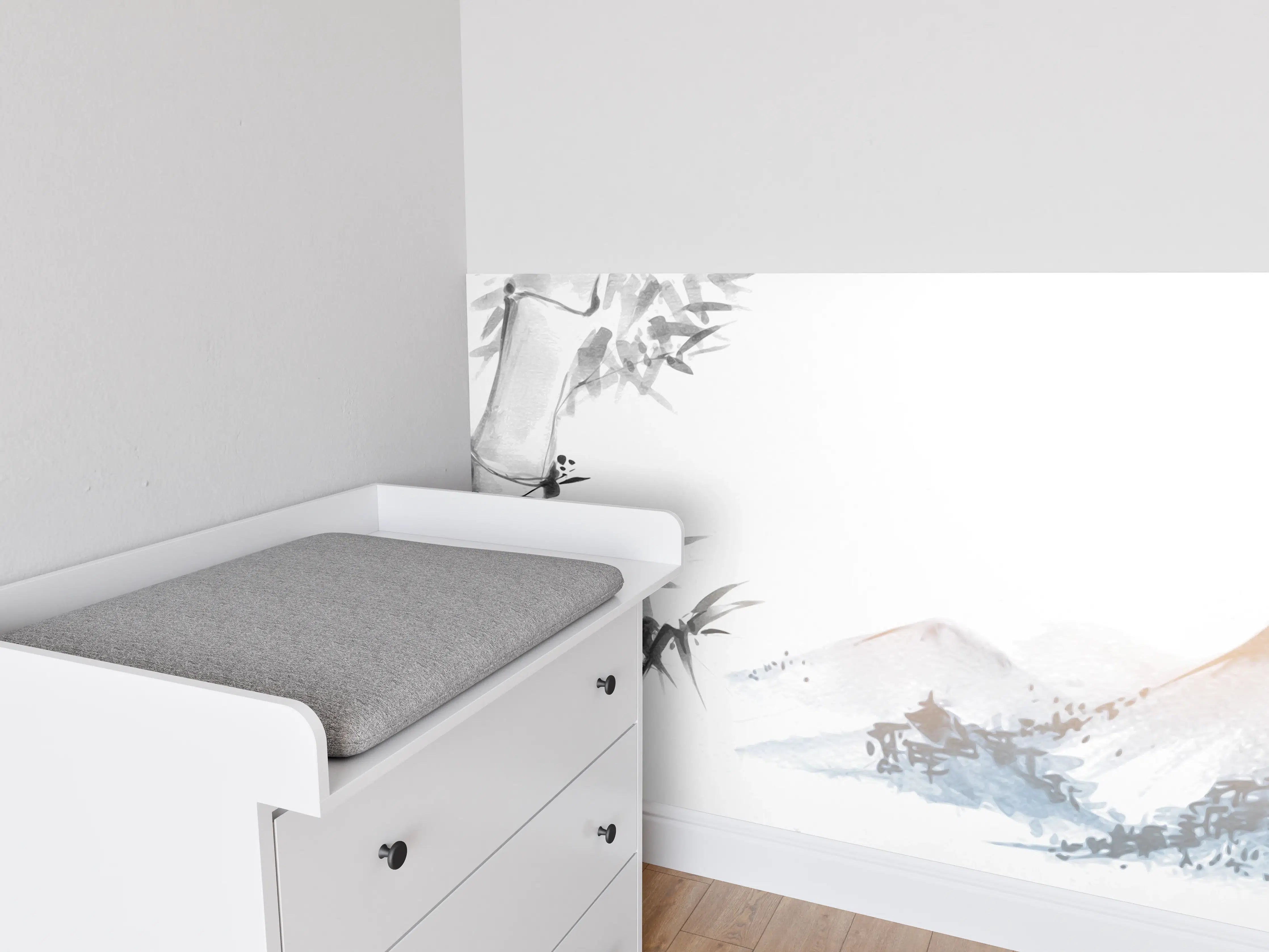 Babyzimmer Wandgestaltung - Weiß-Blau Bambus Bergmalerei