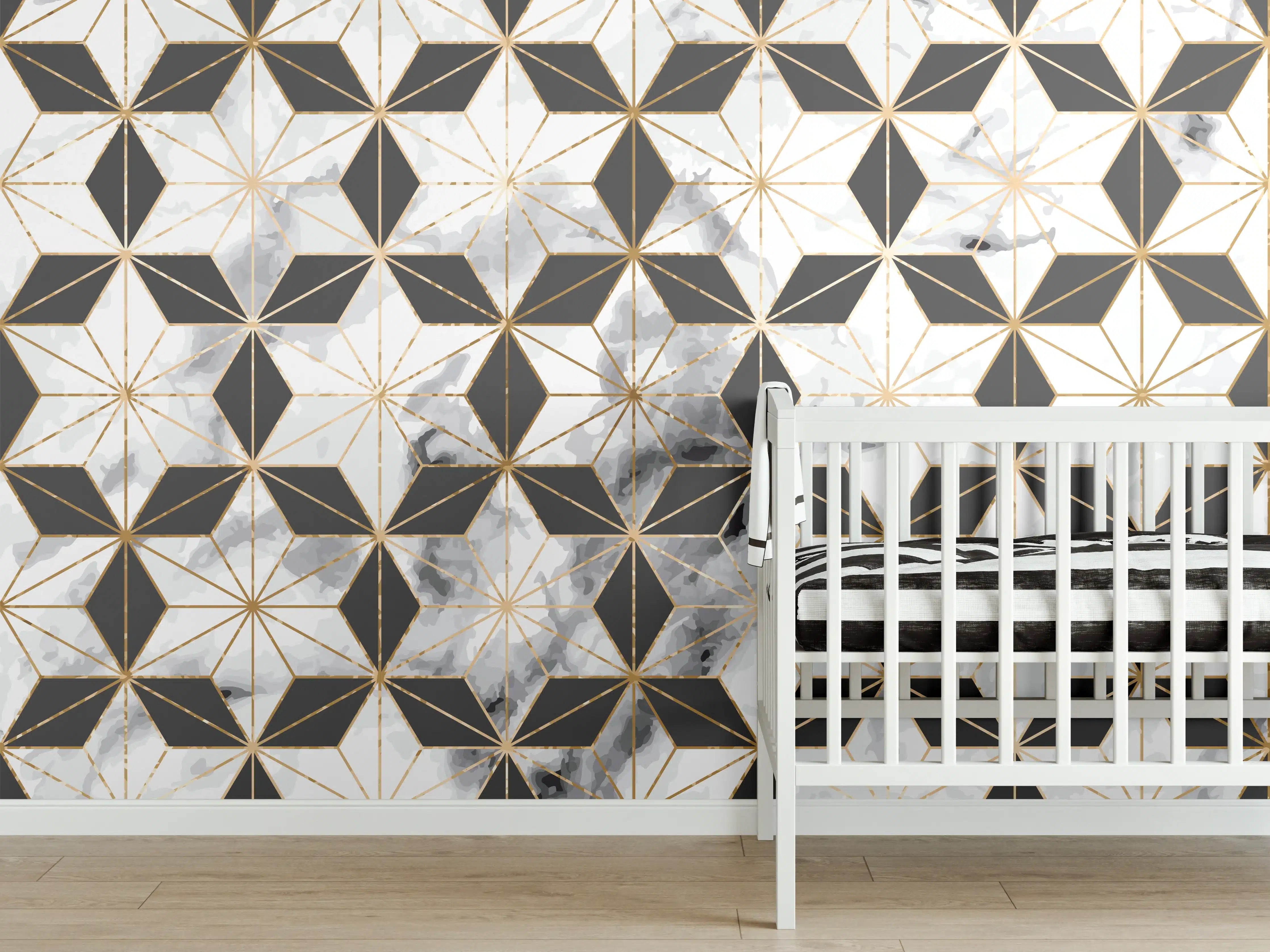 Babyzimmer Wandgestaltung - Weiß-Goldenes Musterdesign