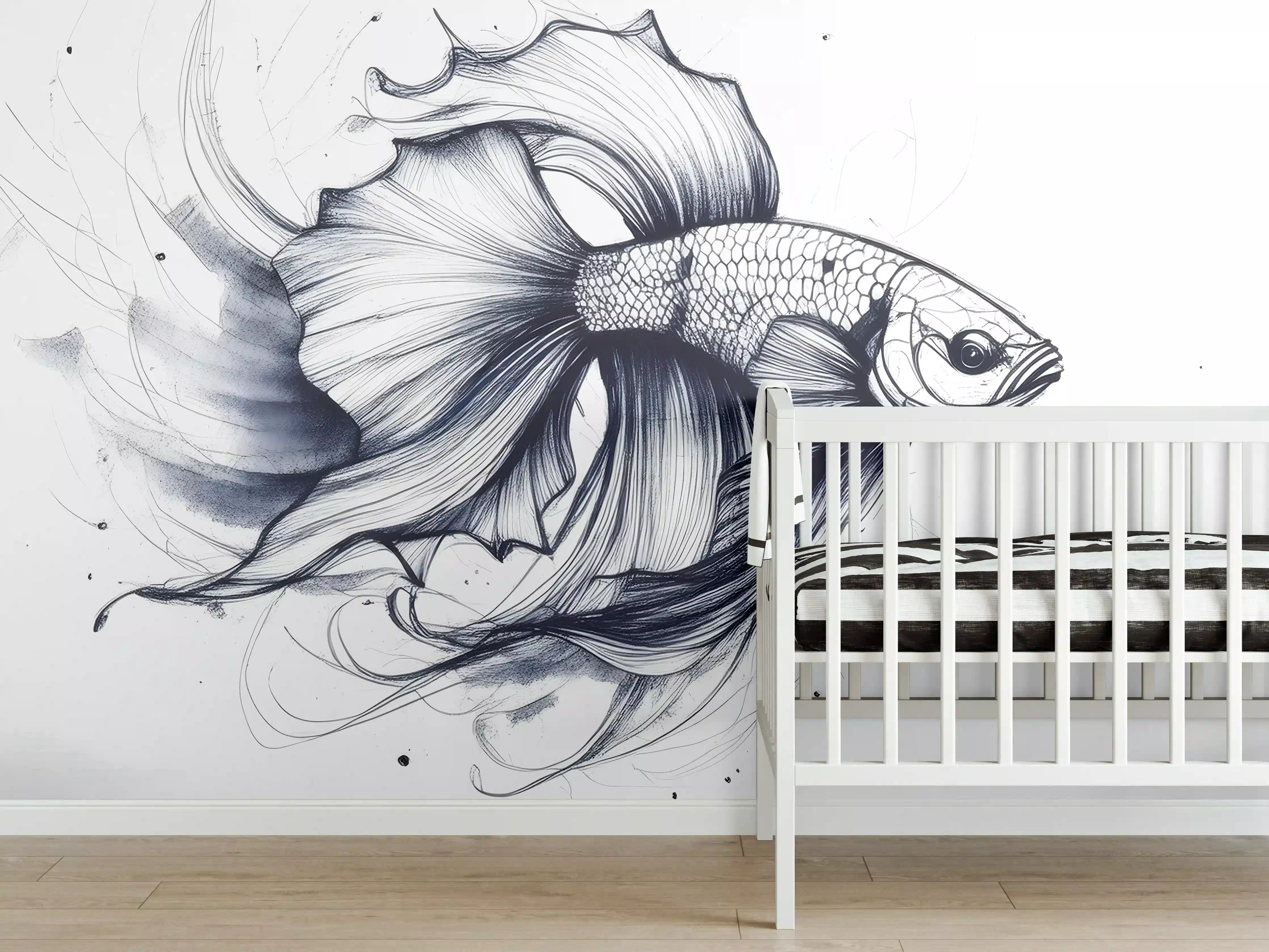 Babyzimmer Wandgestaltung - Weiß-Grau Betta-Fisch Illustration