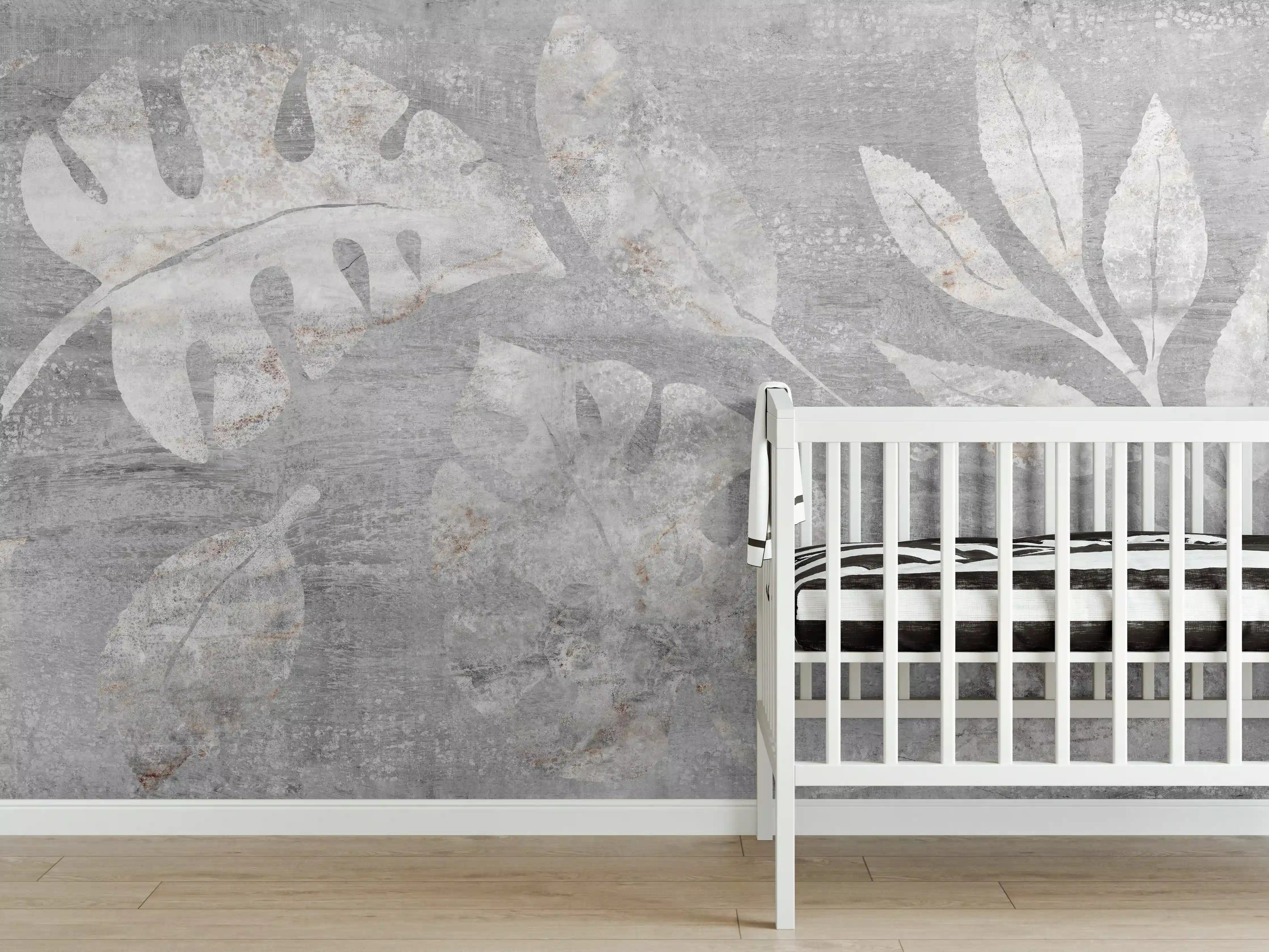 Babyzimmer Wandgestaltung - Weiß-Grau Blattmuster Struktur