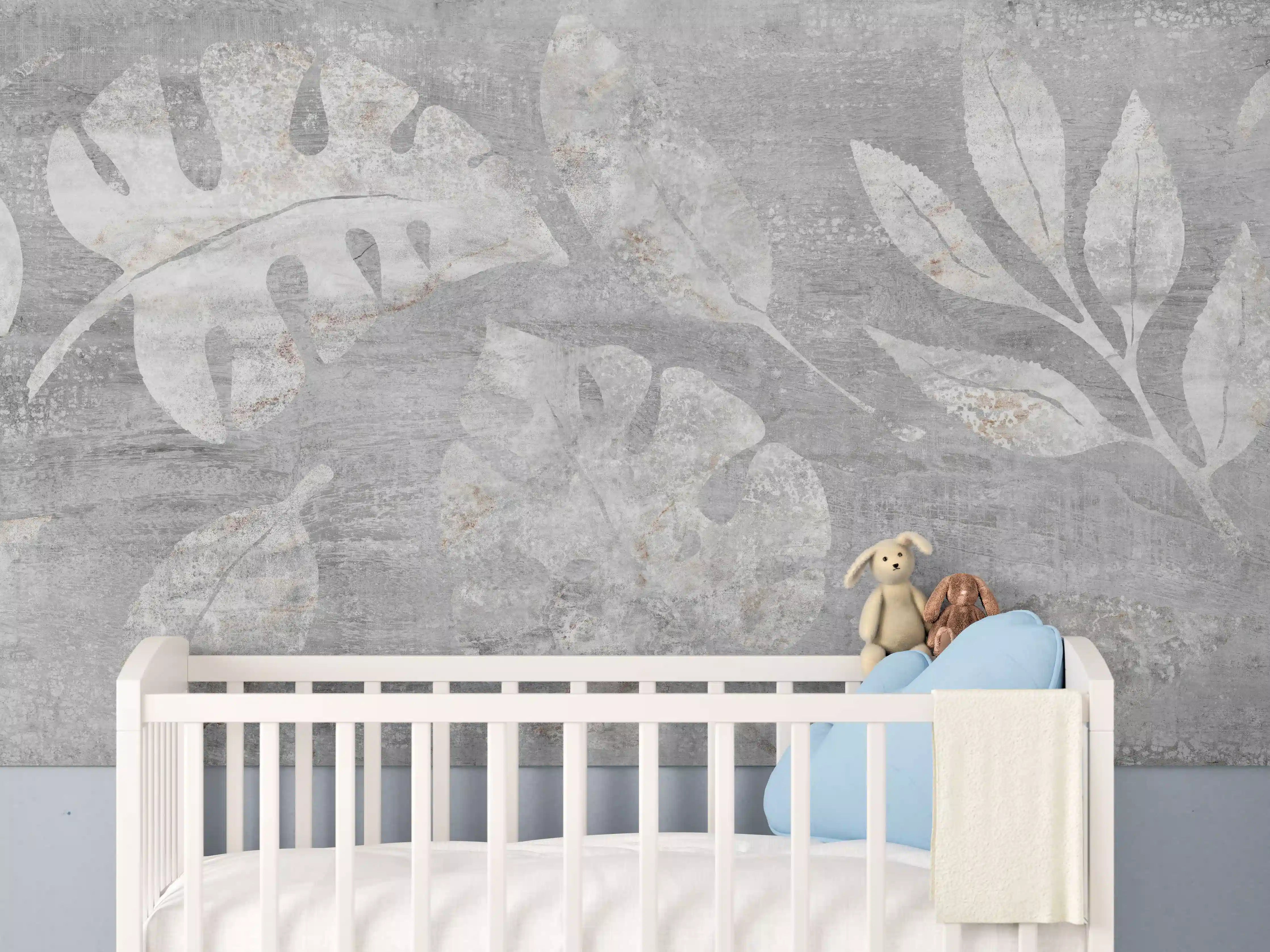 Babyzimmer Wandgestaltung - Weiß-Grau Blattmuster Struktur
