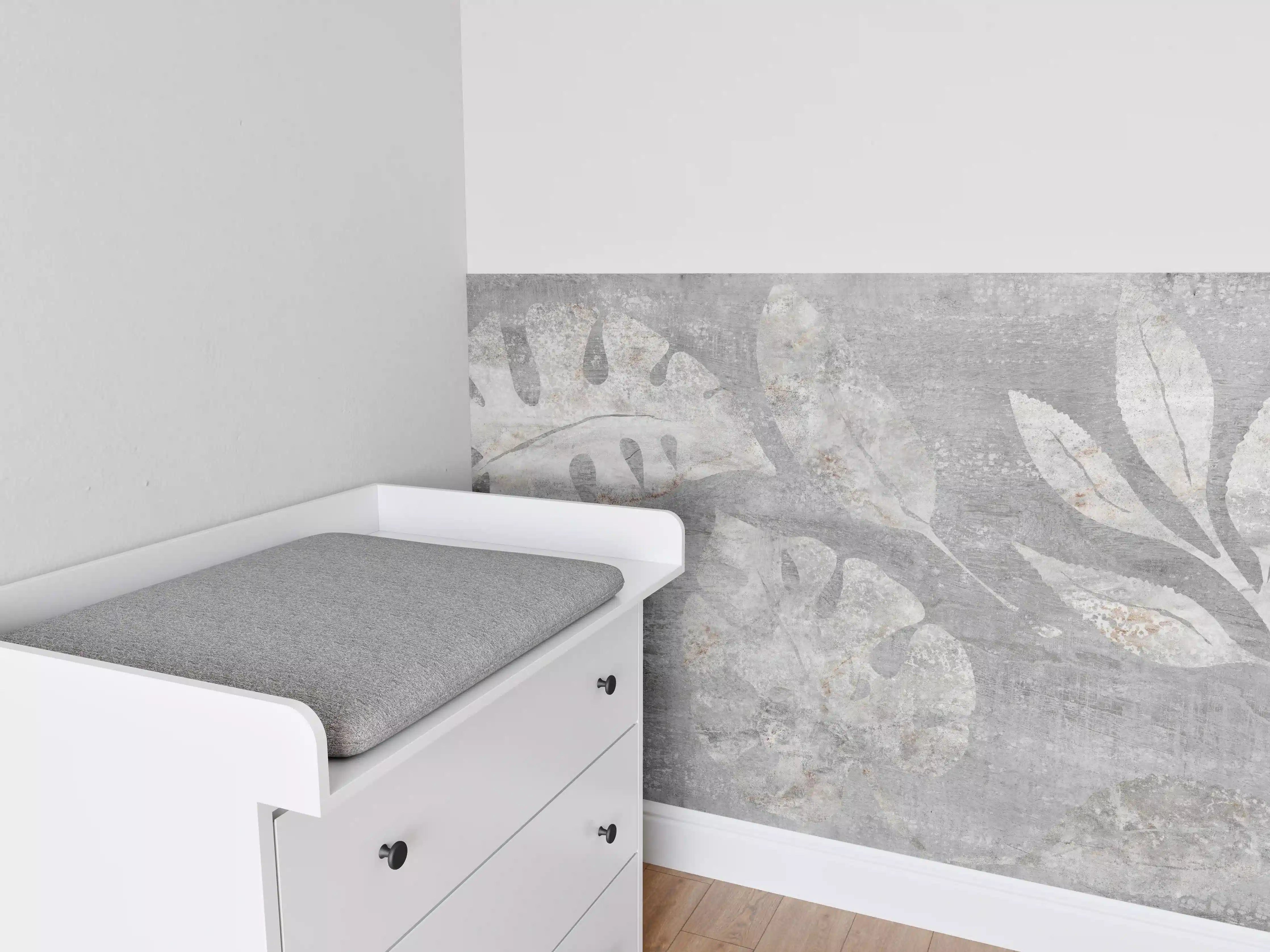 Babyzimmer Wandgestaltung - Weiß-Grau Blattmuster Struktur