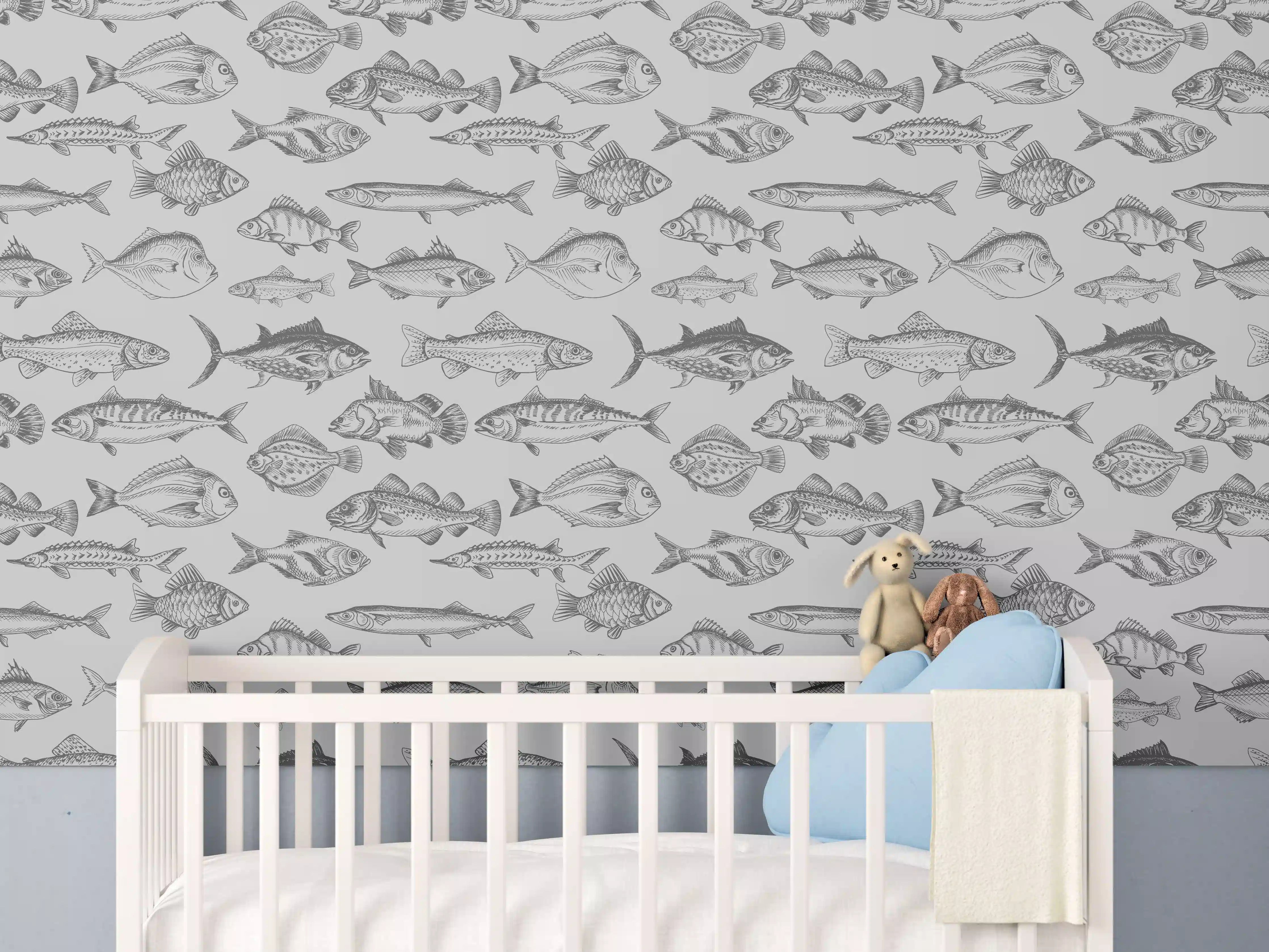 Babyzimmer Wandgestaltung - Weiß-Grau Fischmuster