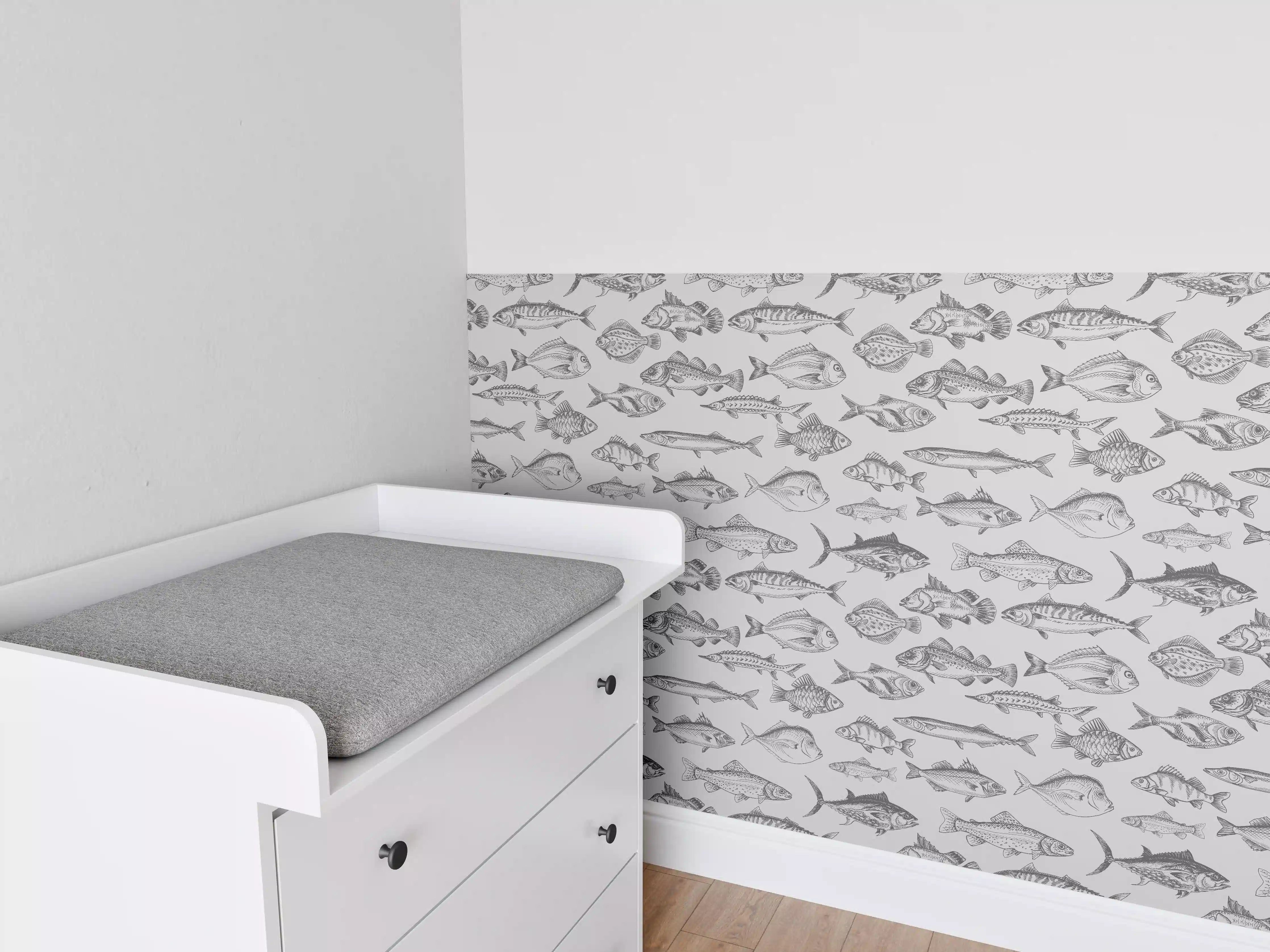 Babyzimmer Wandgestaltung - Weiß-Grau Fischmuster