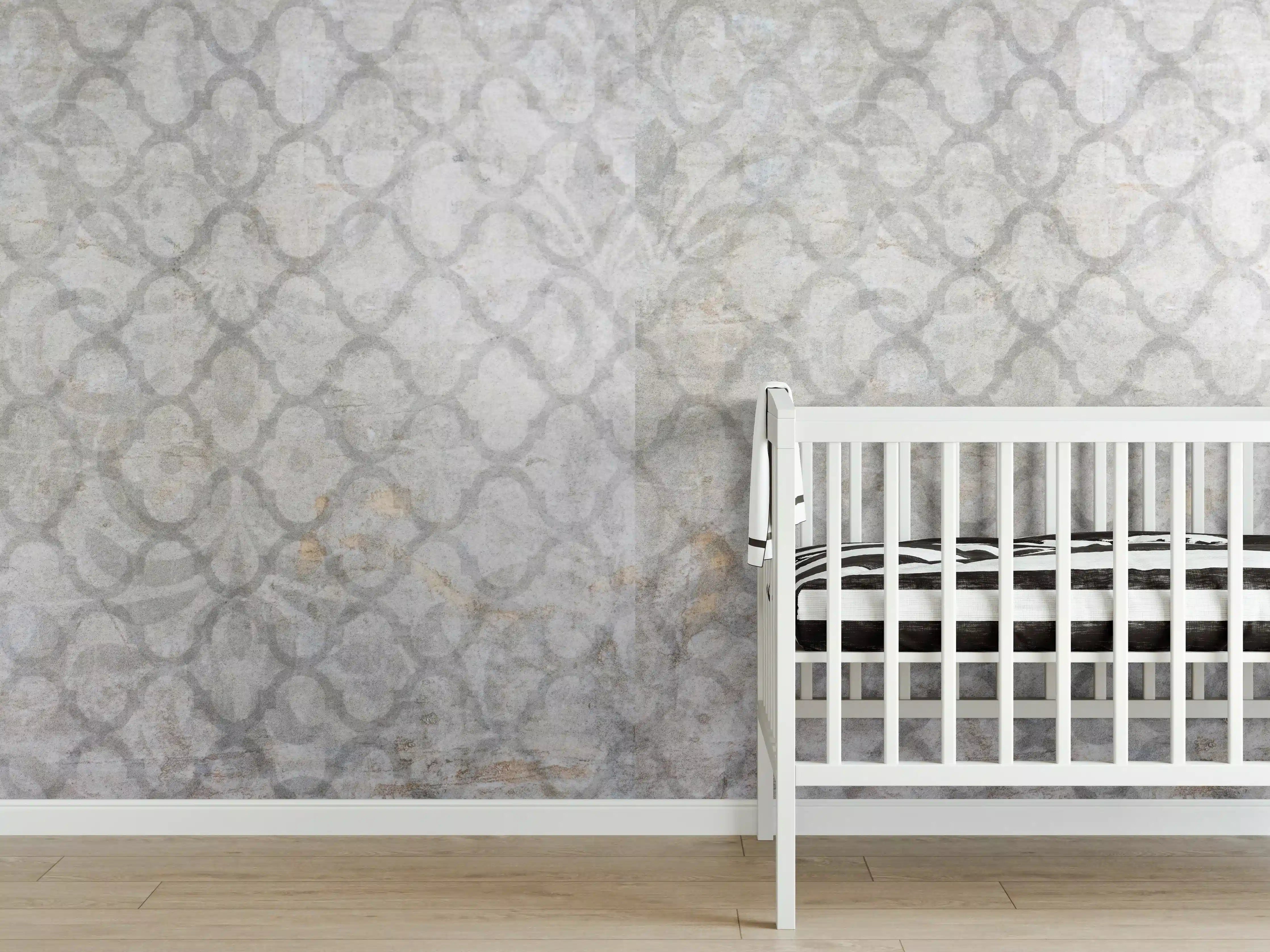 Babyzimmer Wandgestaltung - Weiß-Grau Vintage Damask-Tapete
