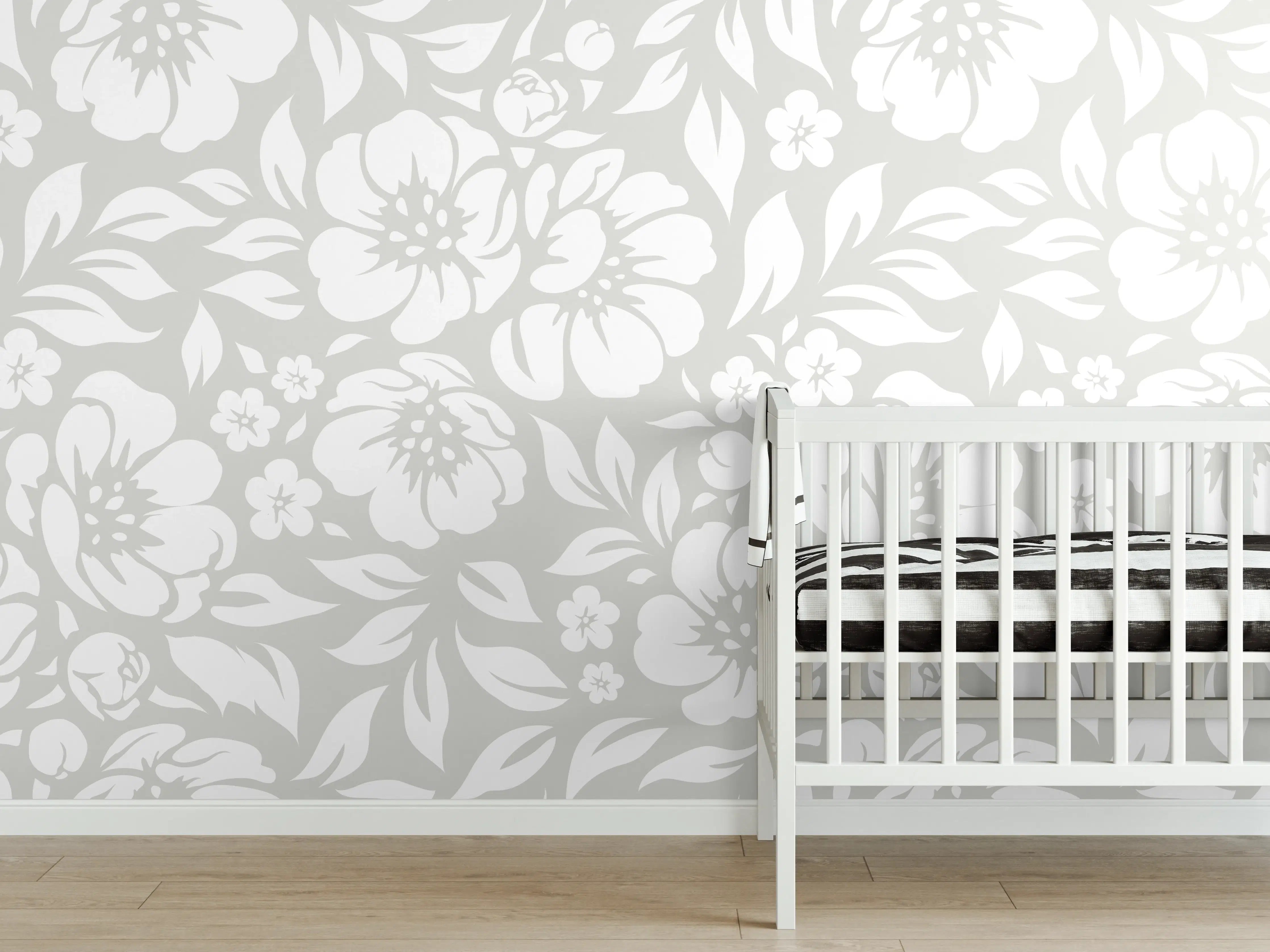 Babyzimmer Wandgestaltung - Weiß-Grau florale Muster