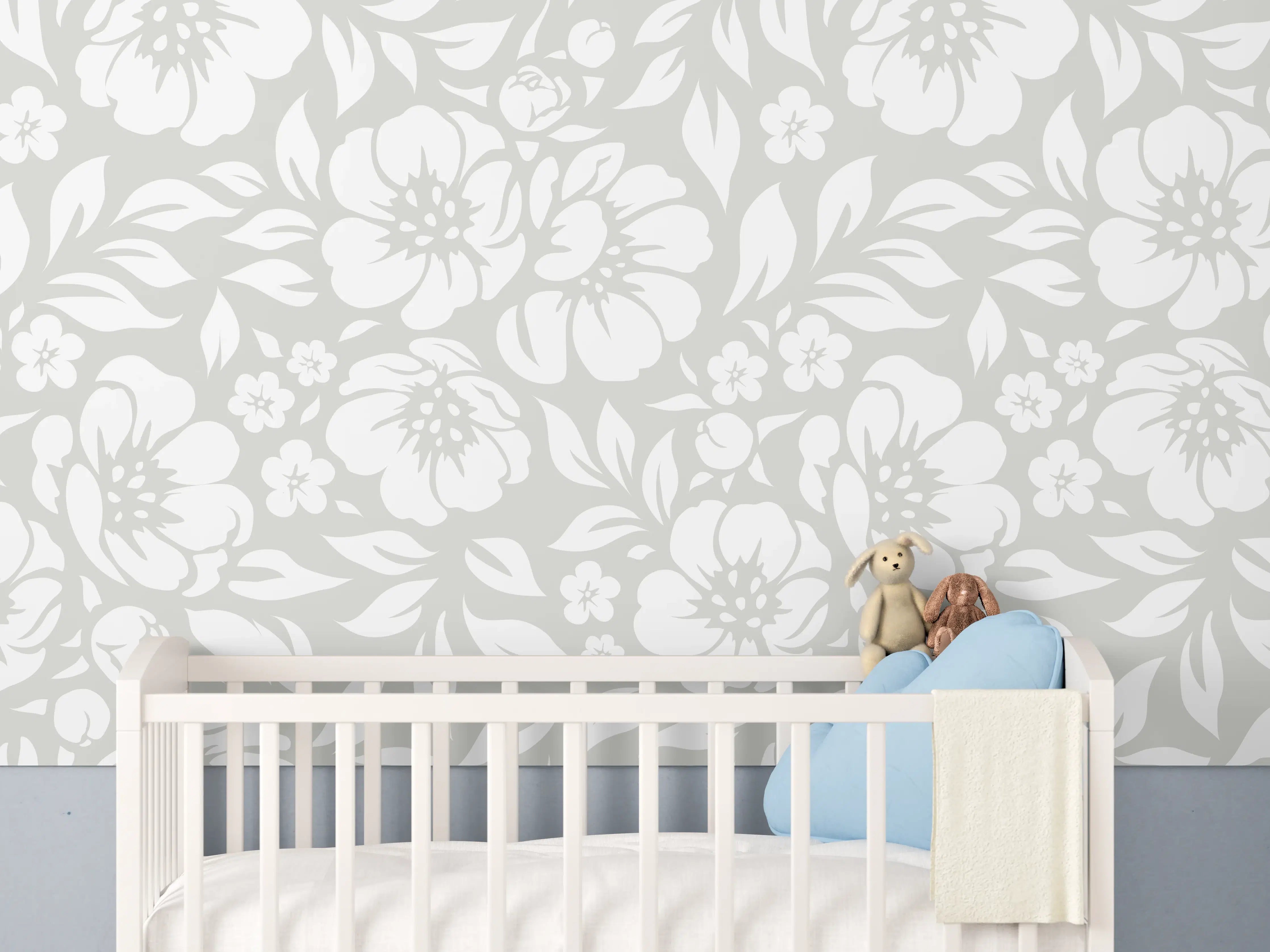 Babyzimmer Wandgestaltung - Weiß-Grau florale Muster