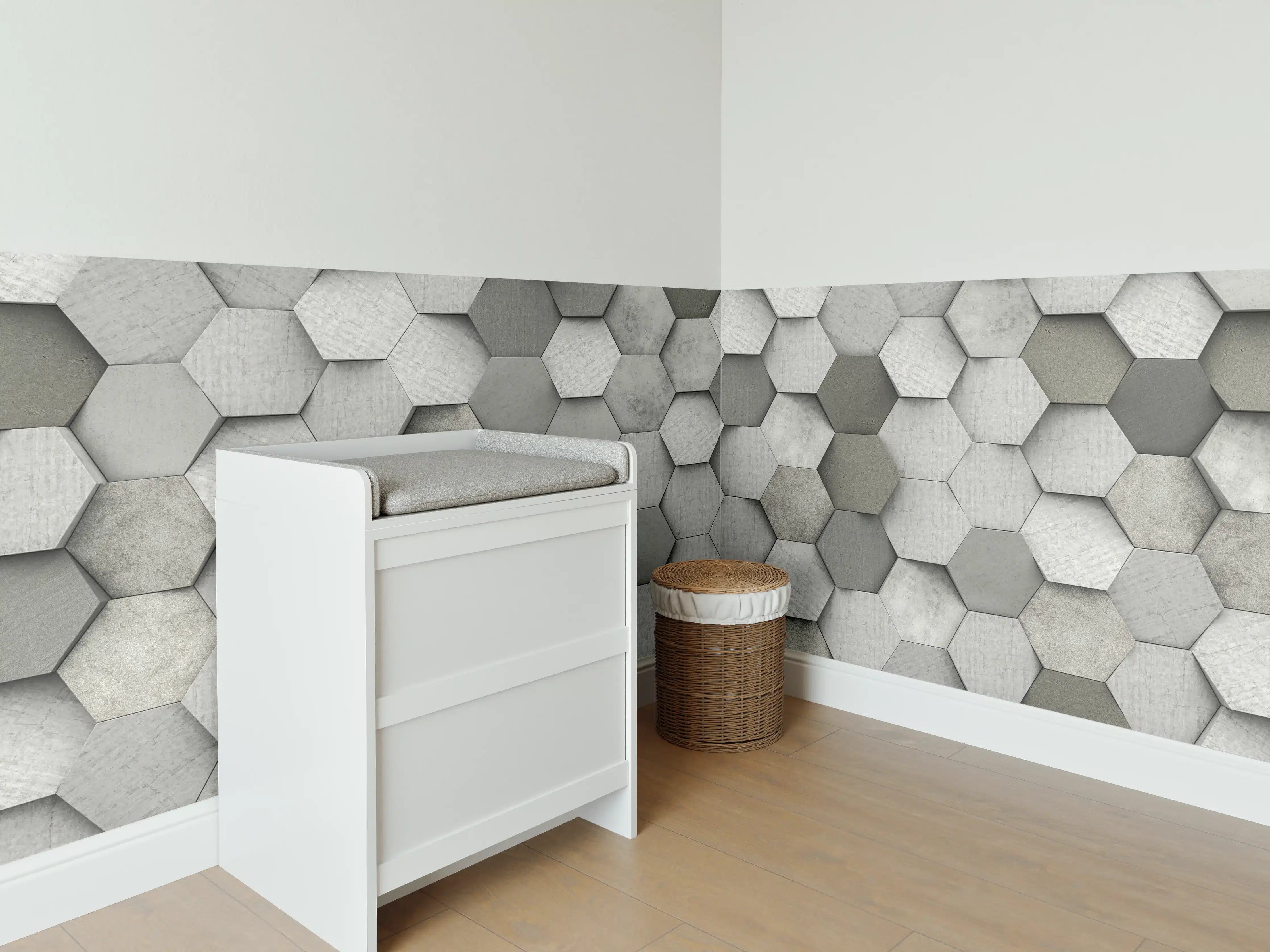 Babyzimmer Wandgestaltung - Weiß-Graue Hexagon Struktur