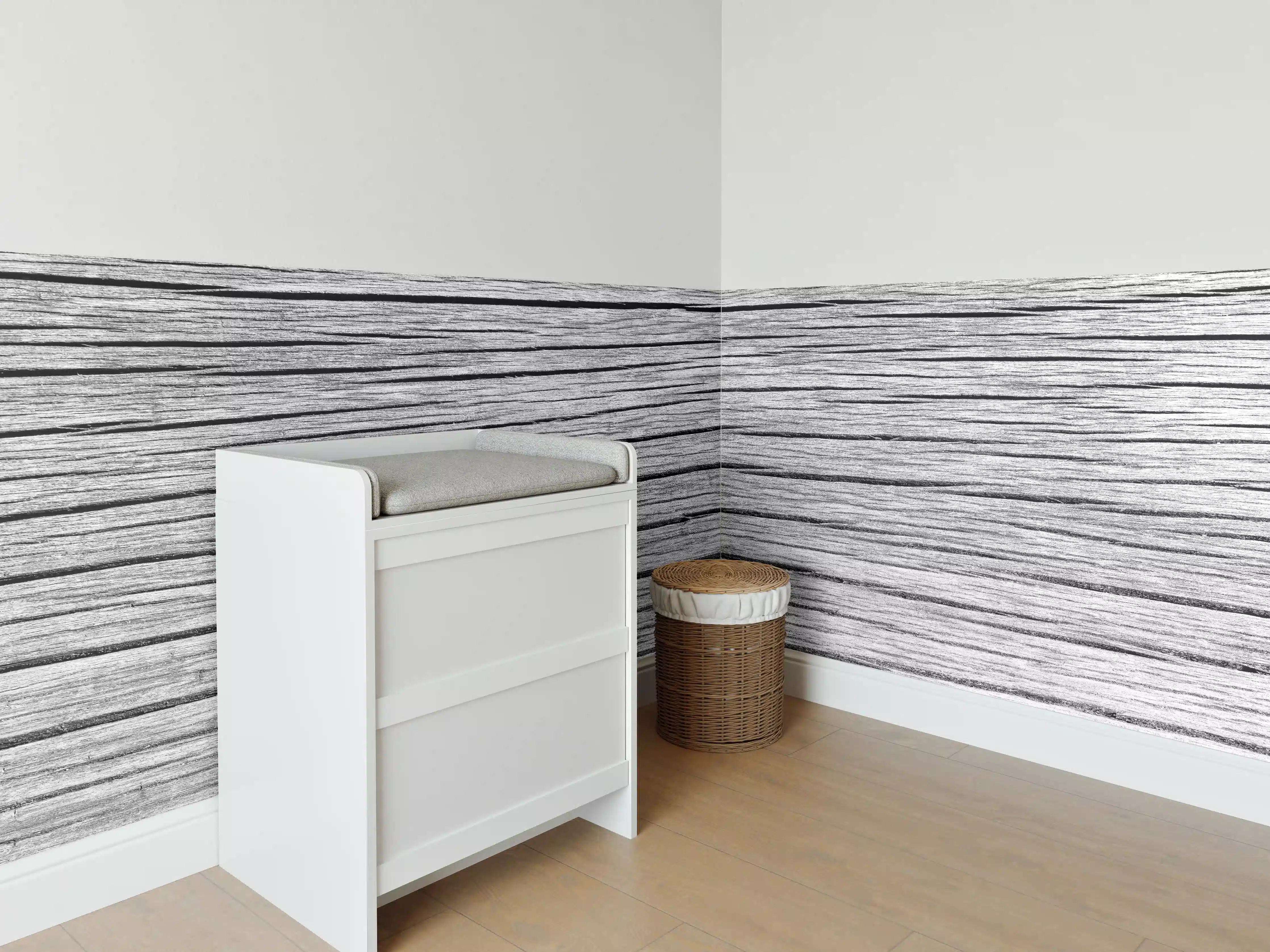 Babyzimmer Wandgestaltung - Weiß-Graue Holztextur Panorama