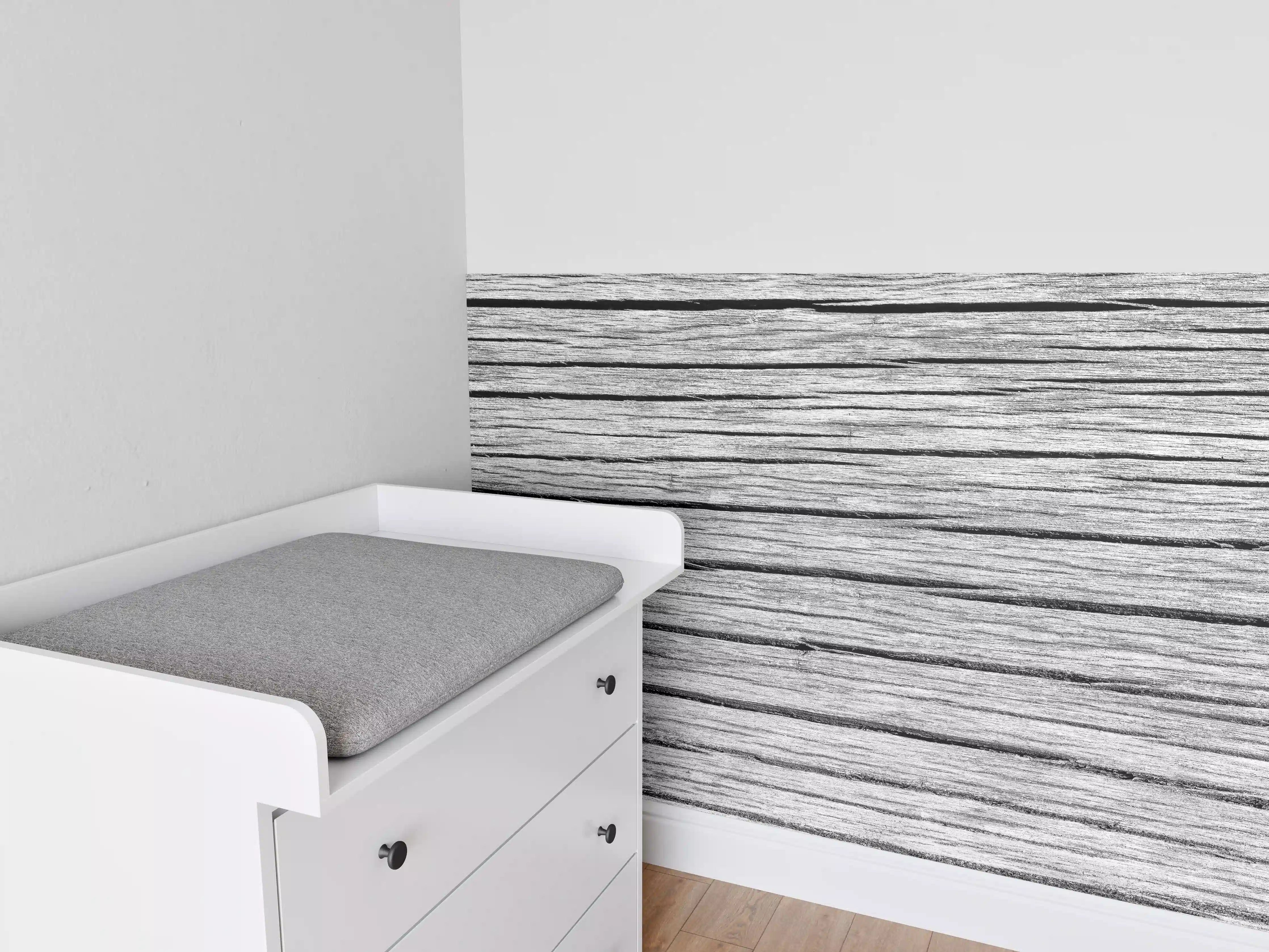 Babyzimmer Wandgestaltung - Weiß-Graue Holztextur Panorama